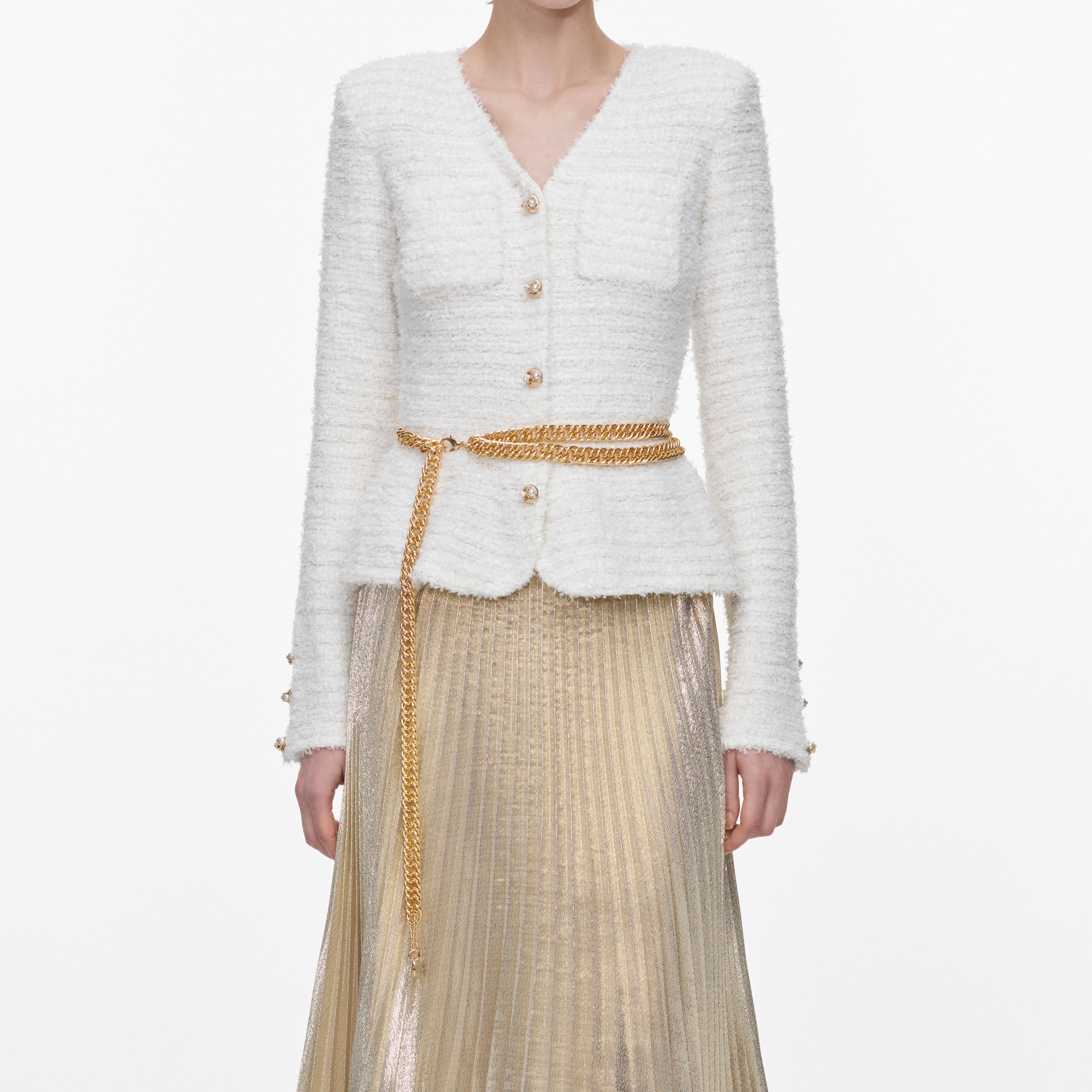 Self Portrait Cream Gold Maxikleid Creme Chiffon Strick