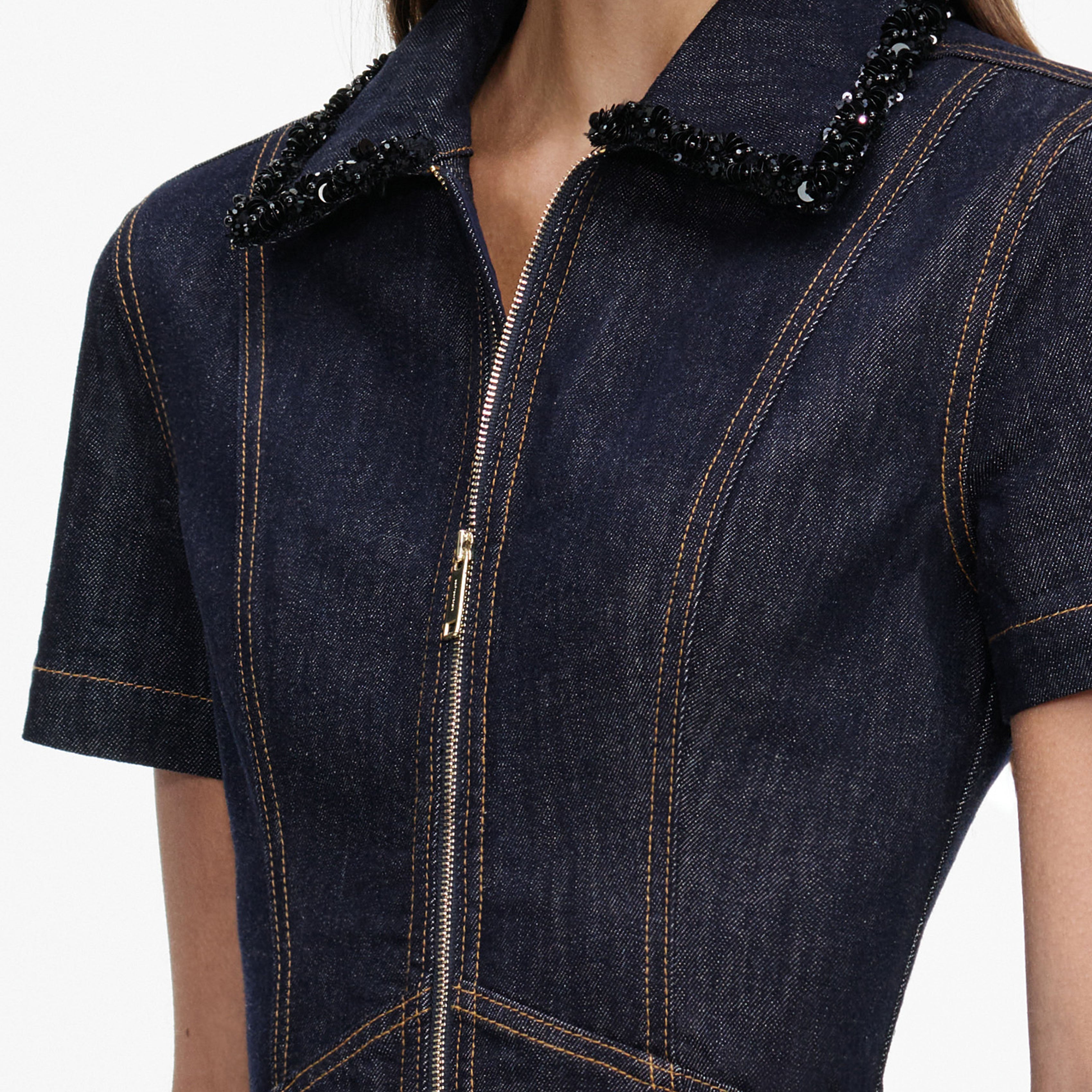Self Portrait Denim Indigo Denim Collared Mini Kleid Indigo mit Taschen
