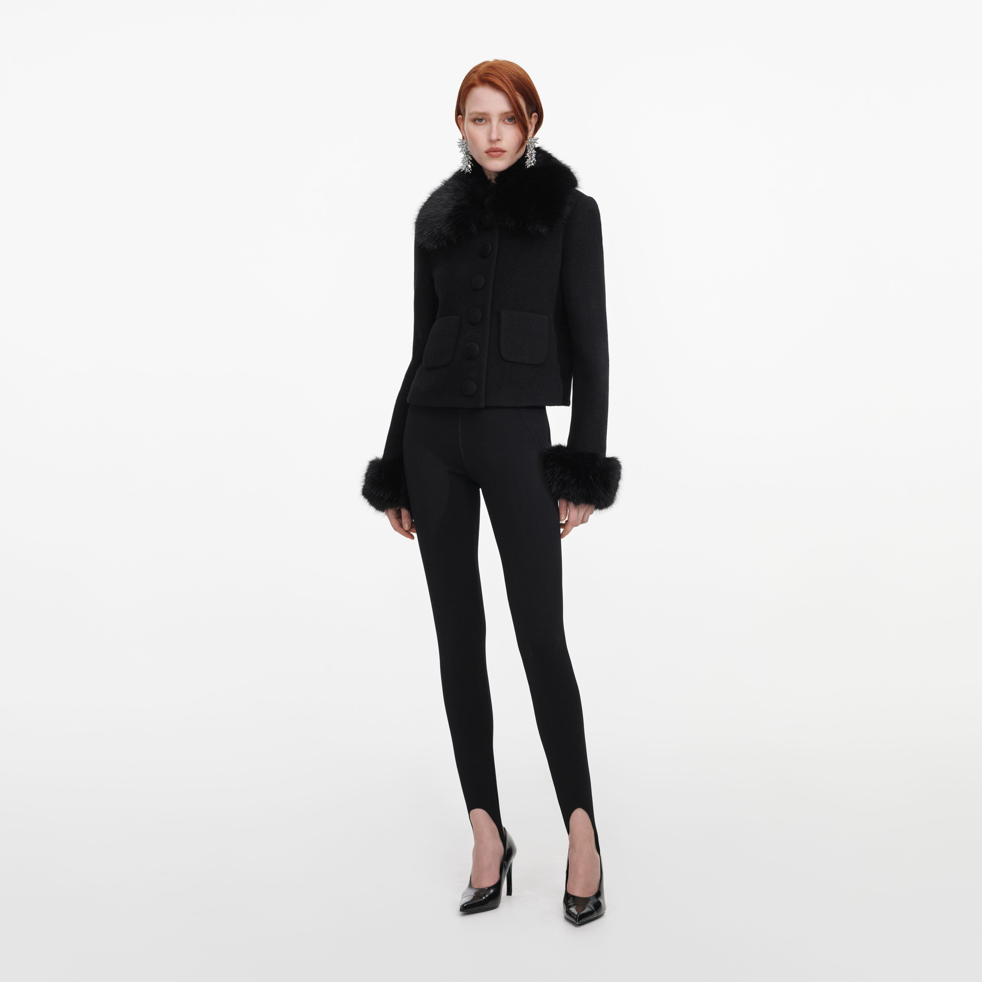 Self Portrait Black Wool Fur Cuff Jacke Schwarz UK 6