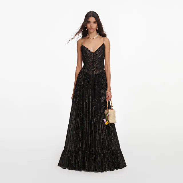 Self Portrait Lurex Stripe Pleated Maxikleid Schwarz