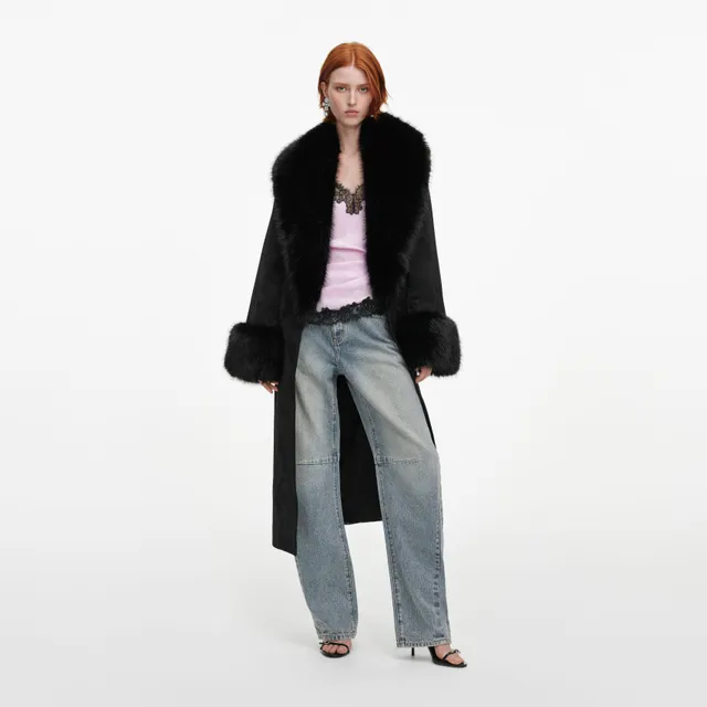 Self Portrait Jacquard Fur Collar Mantel Schwarz S