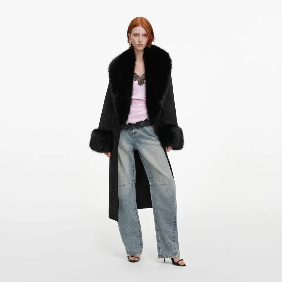 Self Portrait Jacquard Fur Collar Mantel Schwarz S