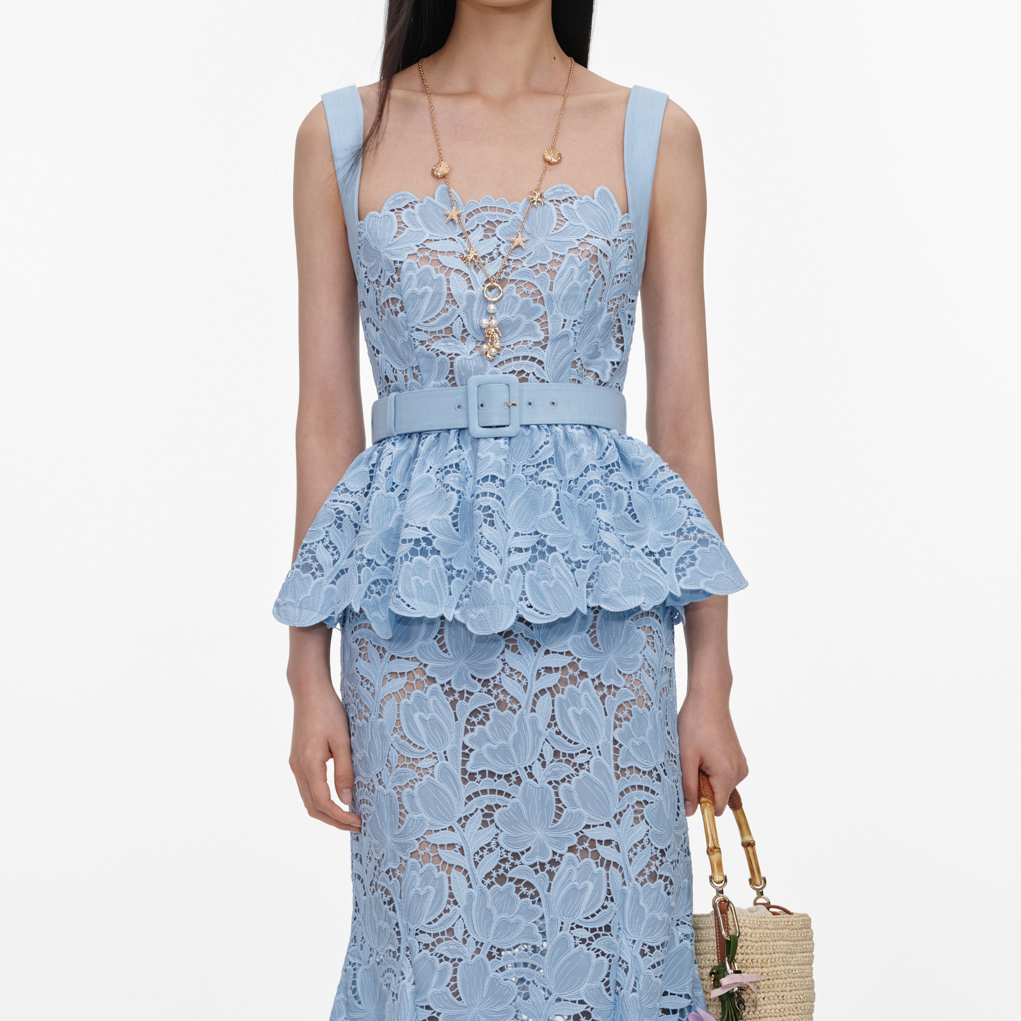 Self Portrait Blue Lace Peplum Midi Kleid Blau Spitze