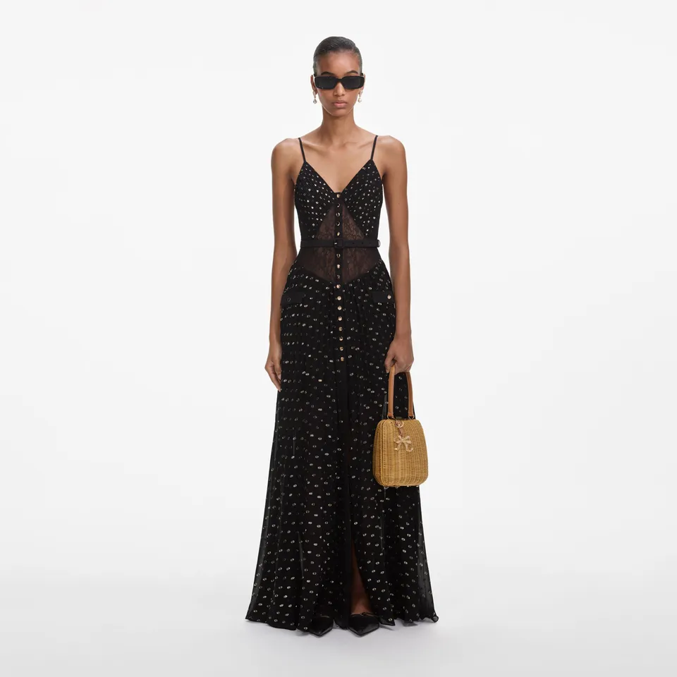 Self Portrait Dresses Black Gold Chiffon Maxikleid Schwarz UK 8