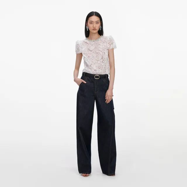 Self Portrait White Tulle Lace Top Weiß Perlen
