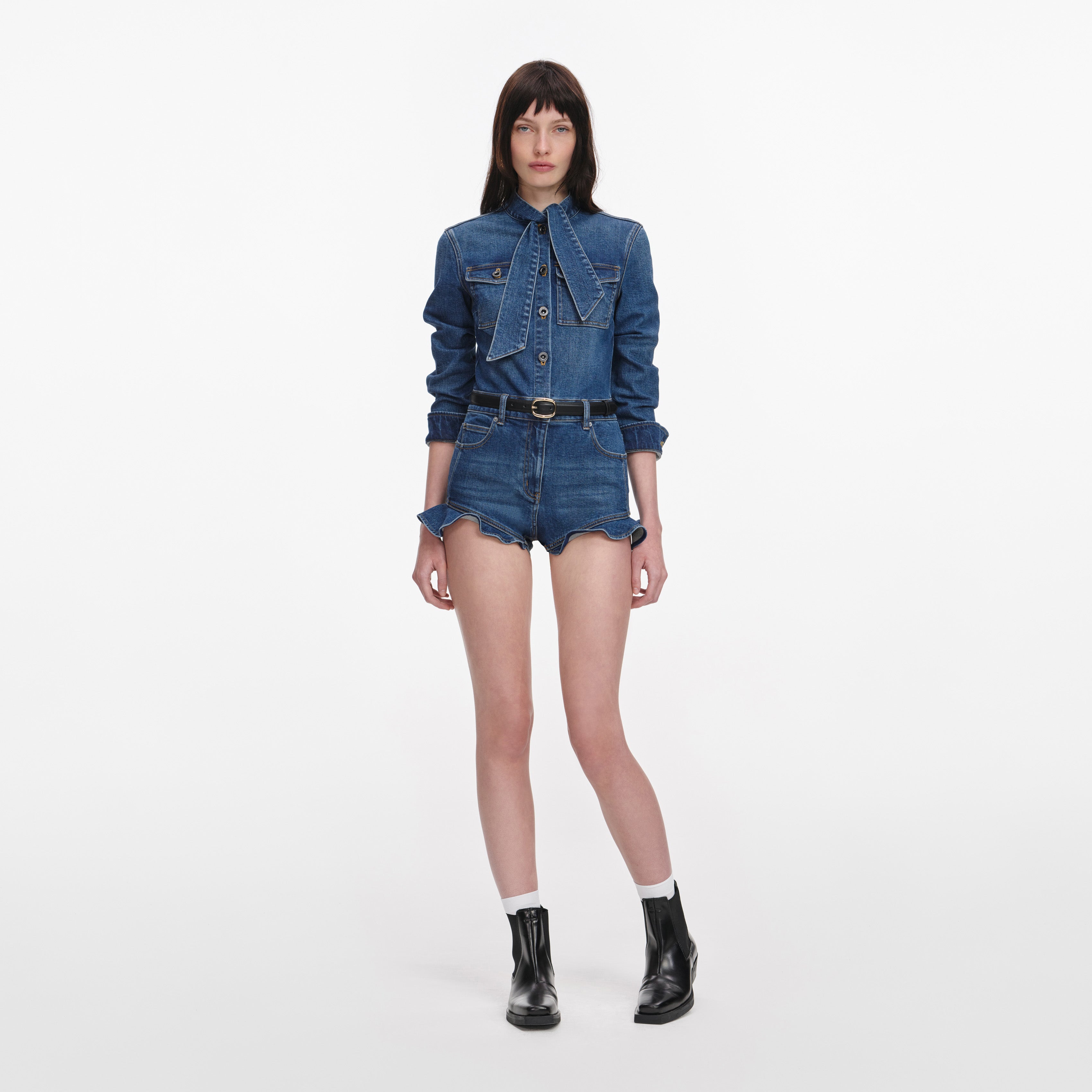 Self Portrait Denim Frill Playsuit Jumpsuit Blau Stretch