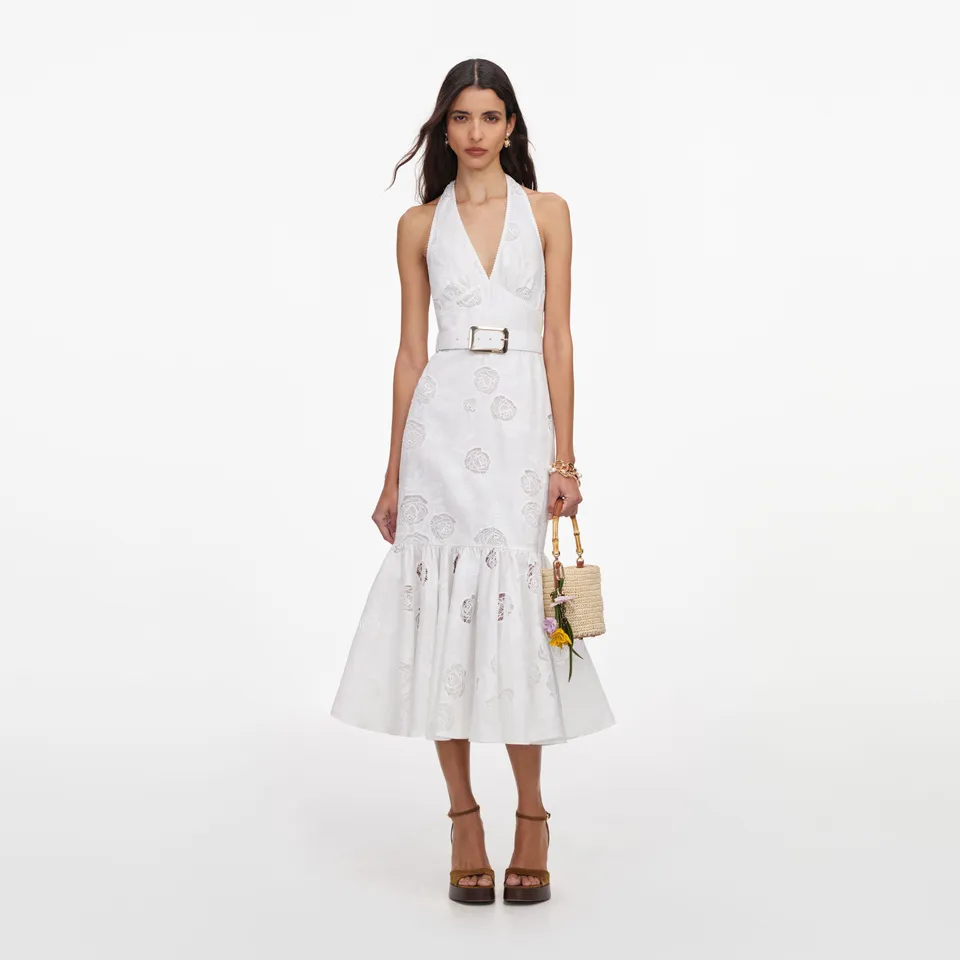 Self Portrait White Linen Halterneck Midi Kleid Weiß Leinen