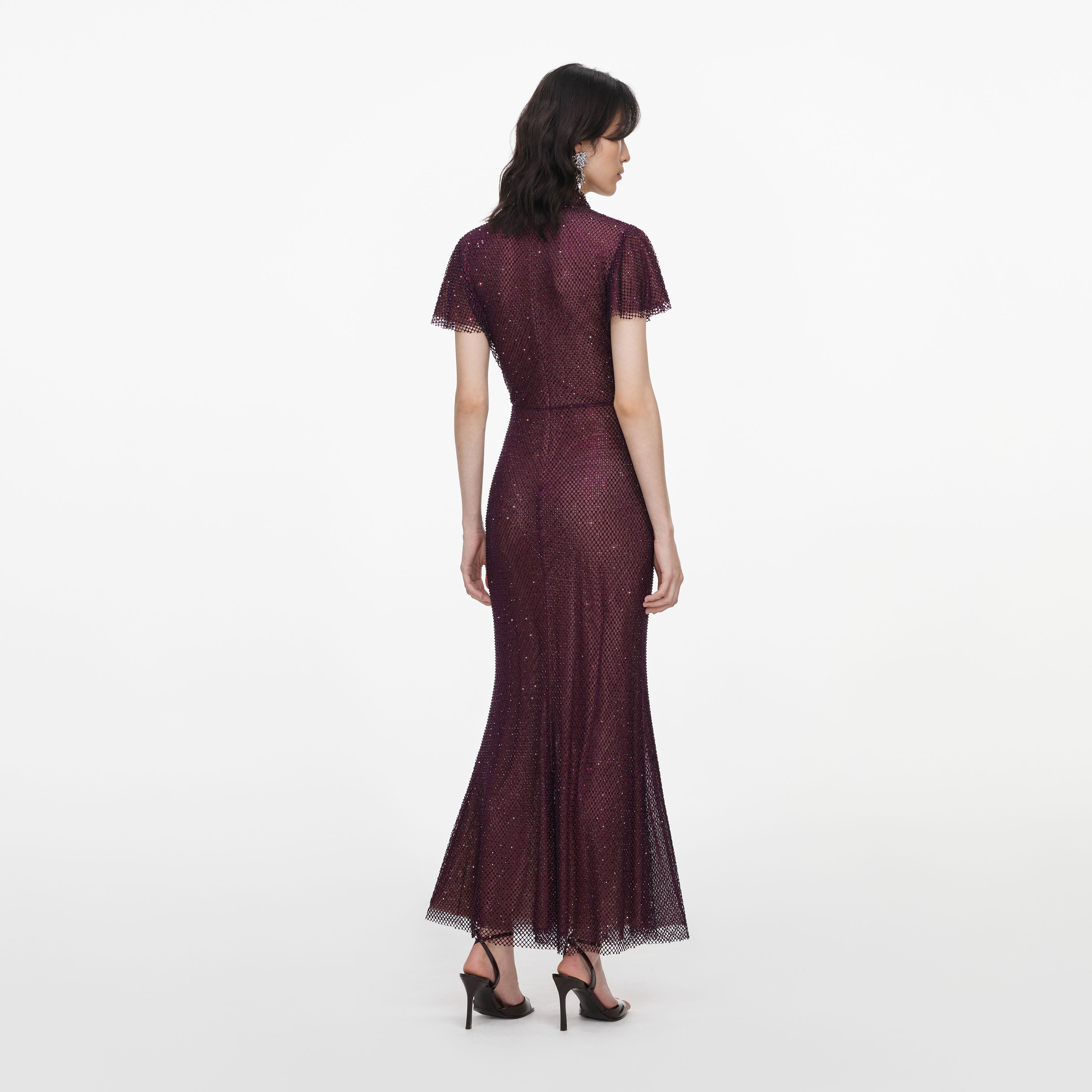 Self Portrait Burgundy Rhinestone Fishnet Midi Kleid Bordeaux
