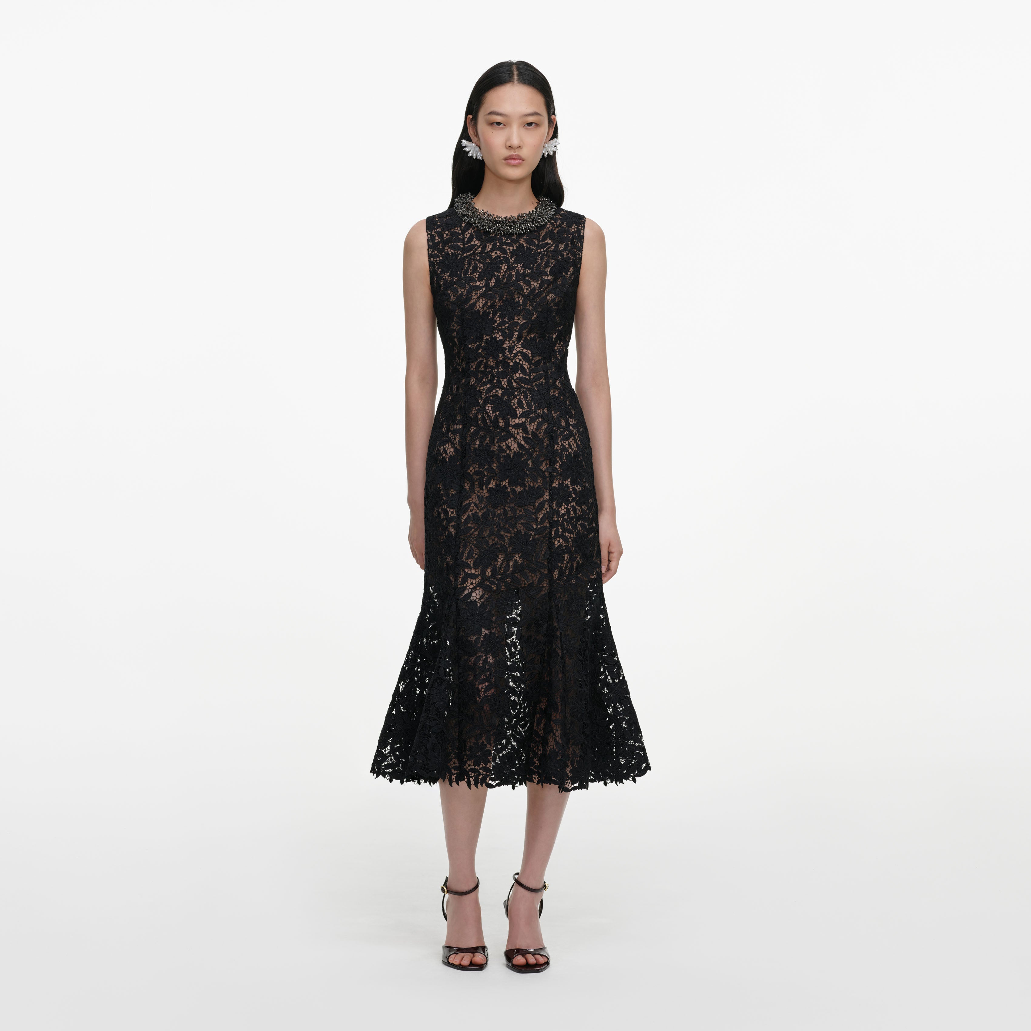 Self Portrait Black Lace Beaded Trim Midikleid Spitze