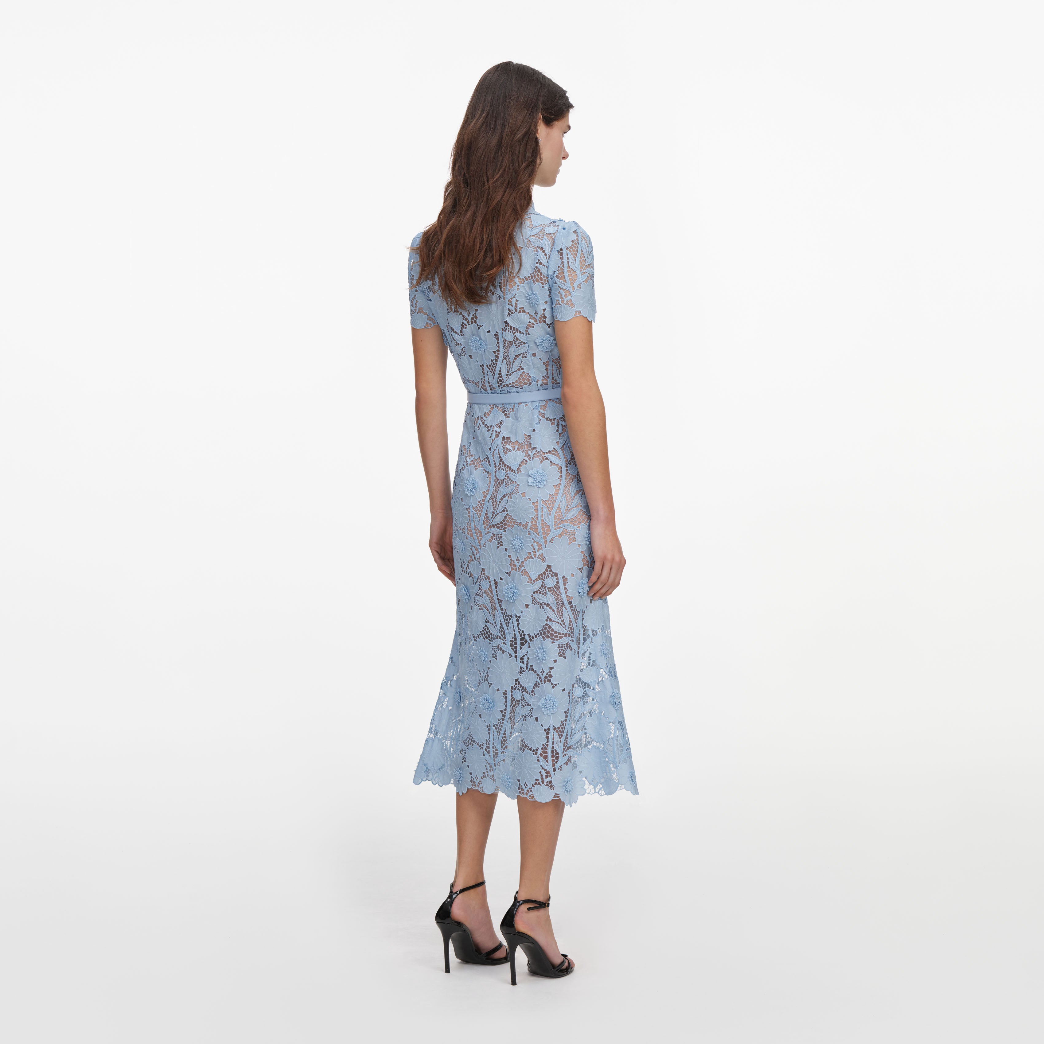 Self Portrait Blue Lace Tie Neck Midi Dress Kleid Hellblau UK 6