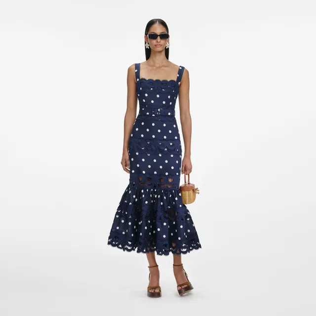 Self Portrait Polka Dot Leinen Midikleid navy UK 8
