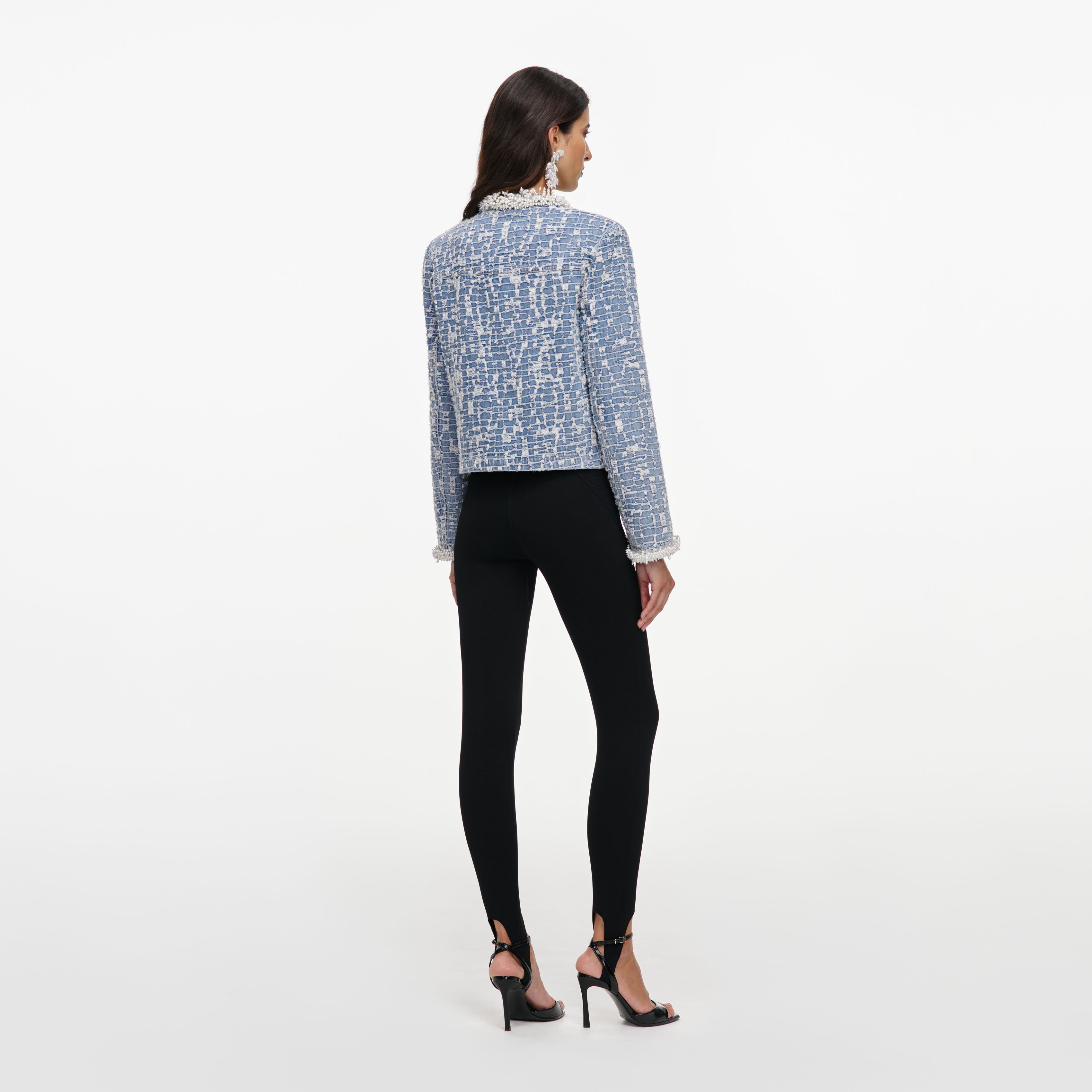 Self Portrait Blue Textured Denim Jacke Blau UK 8 Perlen