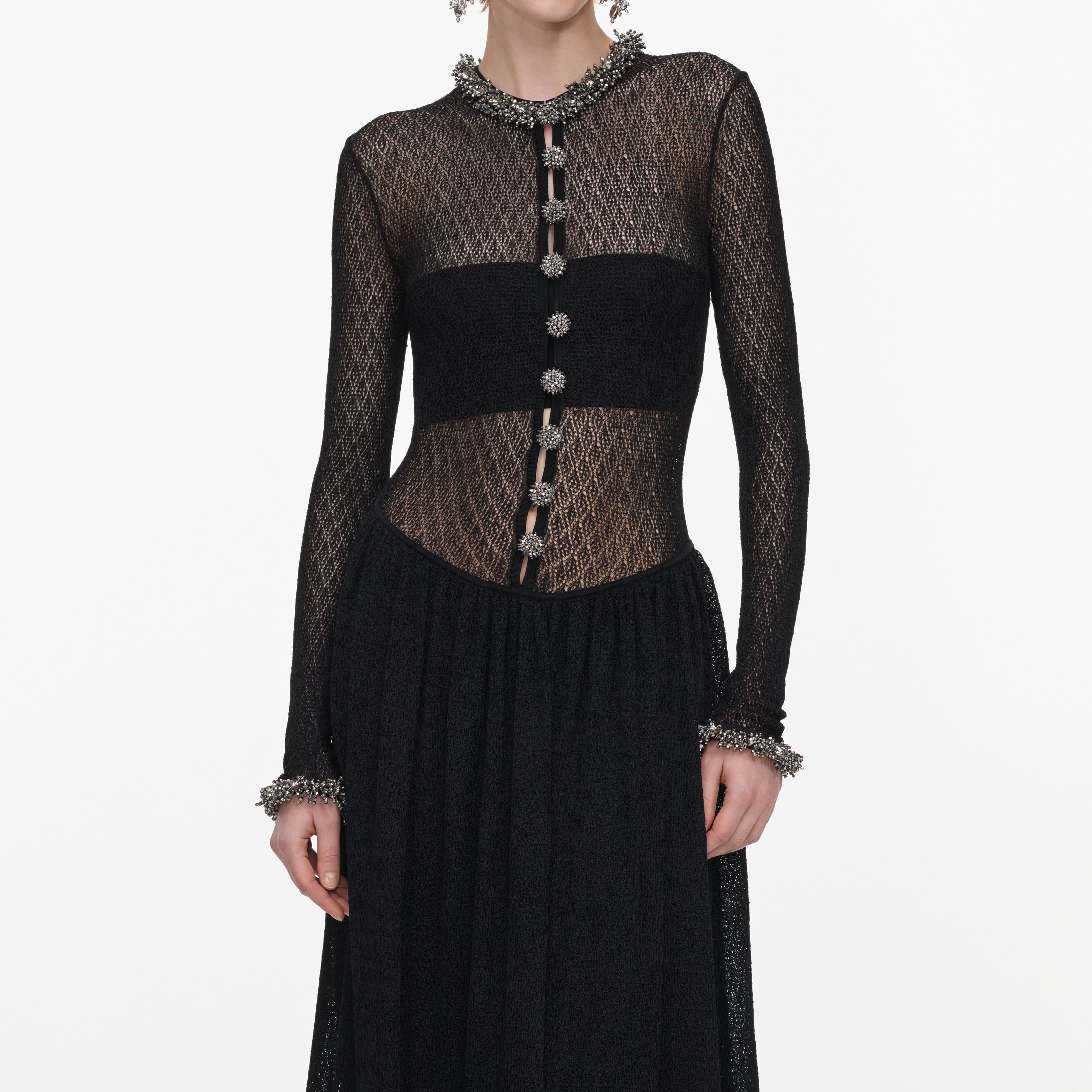 Self Portrait Pointelle Maxi Kleid Schwarz Strass Strick