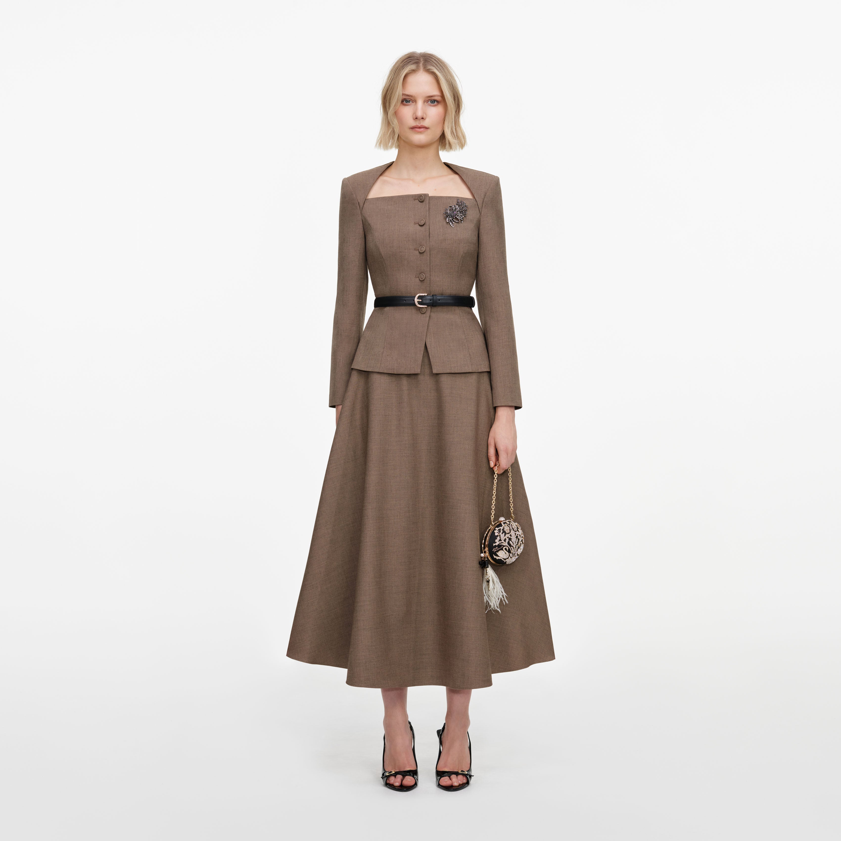 Self Portrait Brown Tailored Twill Midikleid Braun