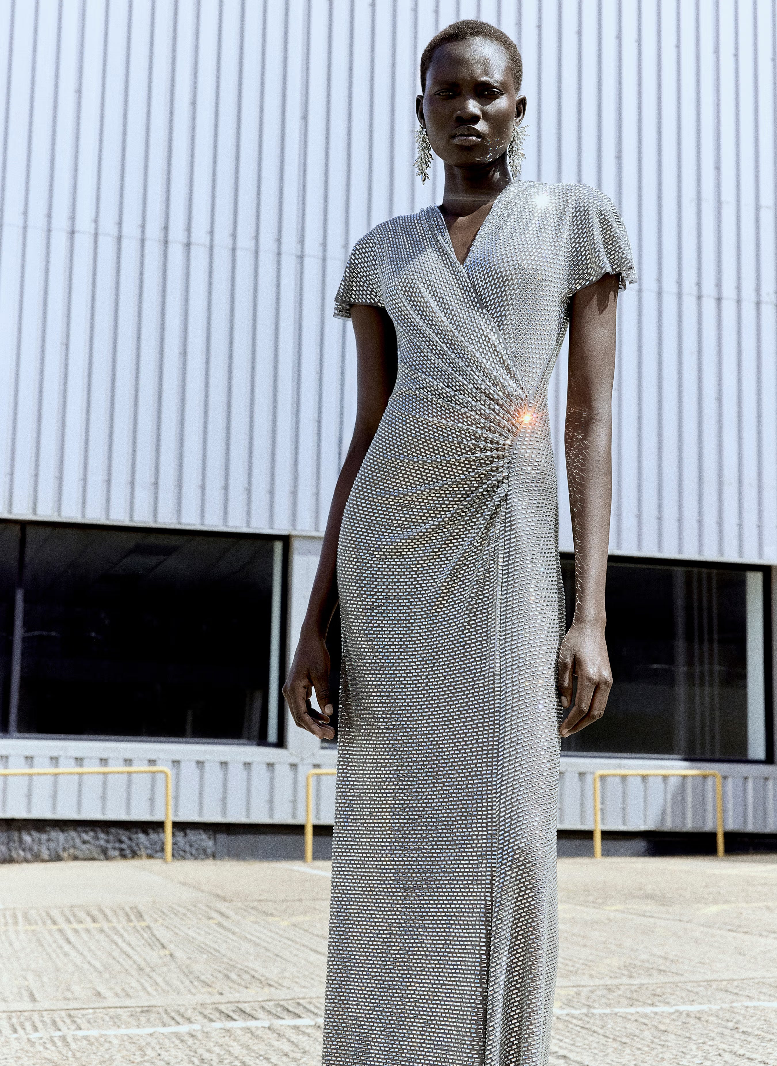 Self Portrait Grey Rhinestone Mesh Wrap Maxi Kleid Grau UK 4