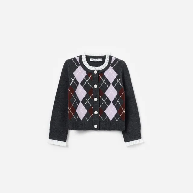 Self Portrait Grey Argyle Embellished Cardigan Grau Kinder Strick