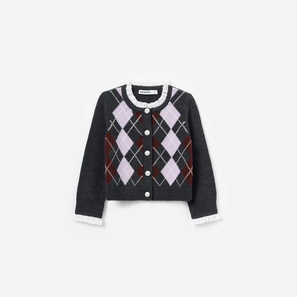 Self Portrait Grey Argyle Embellished Cardigan Grau Kinder Strick