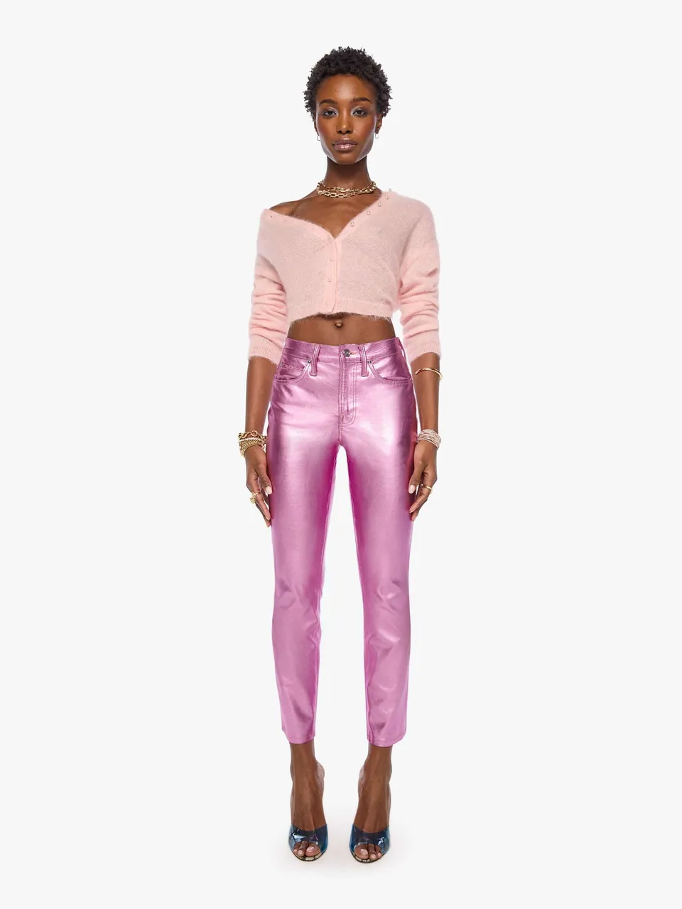 Mother The Mid Rise Dazzler Flood Jeans Hoop Earrings Pink