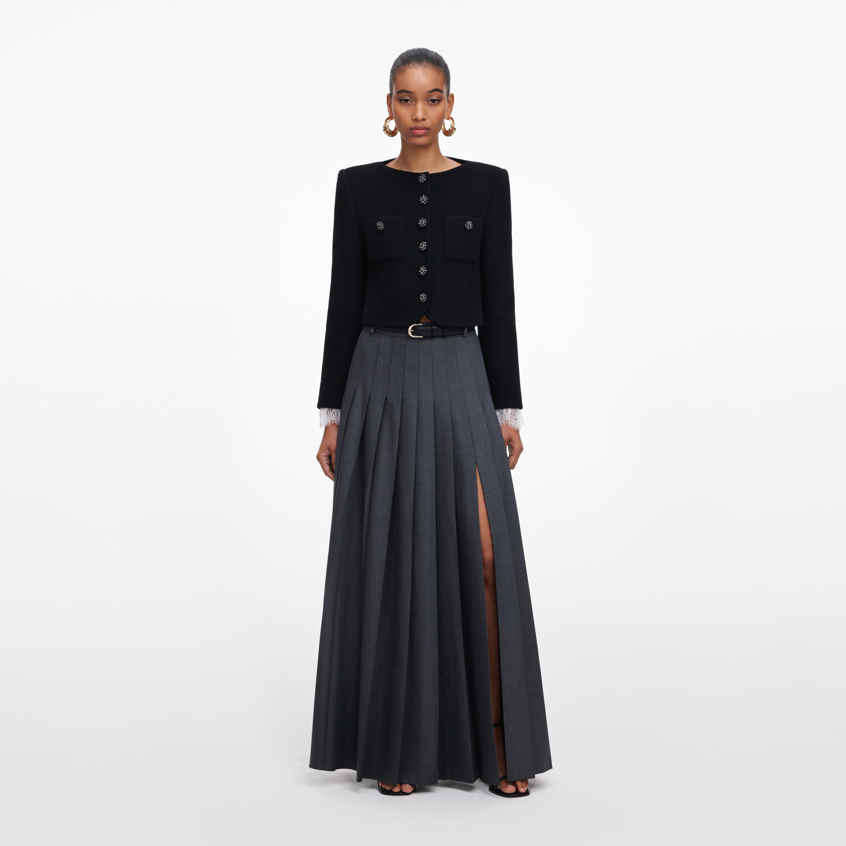 Self Portrait Grey Pleated Maxi Rock Grau Wolle
