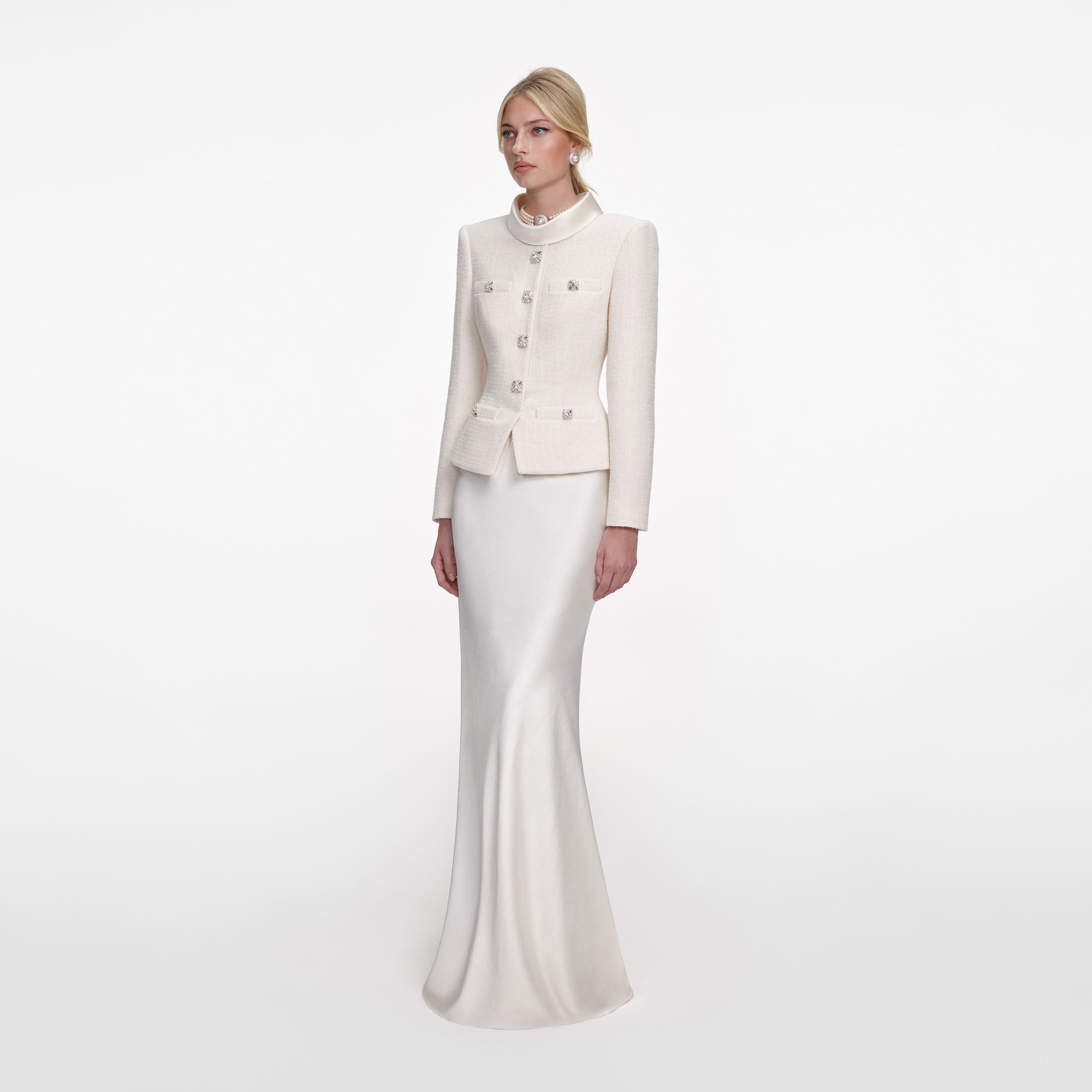 Self Portrait Cream Boucle Collared Maxi Kleid Creme