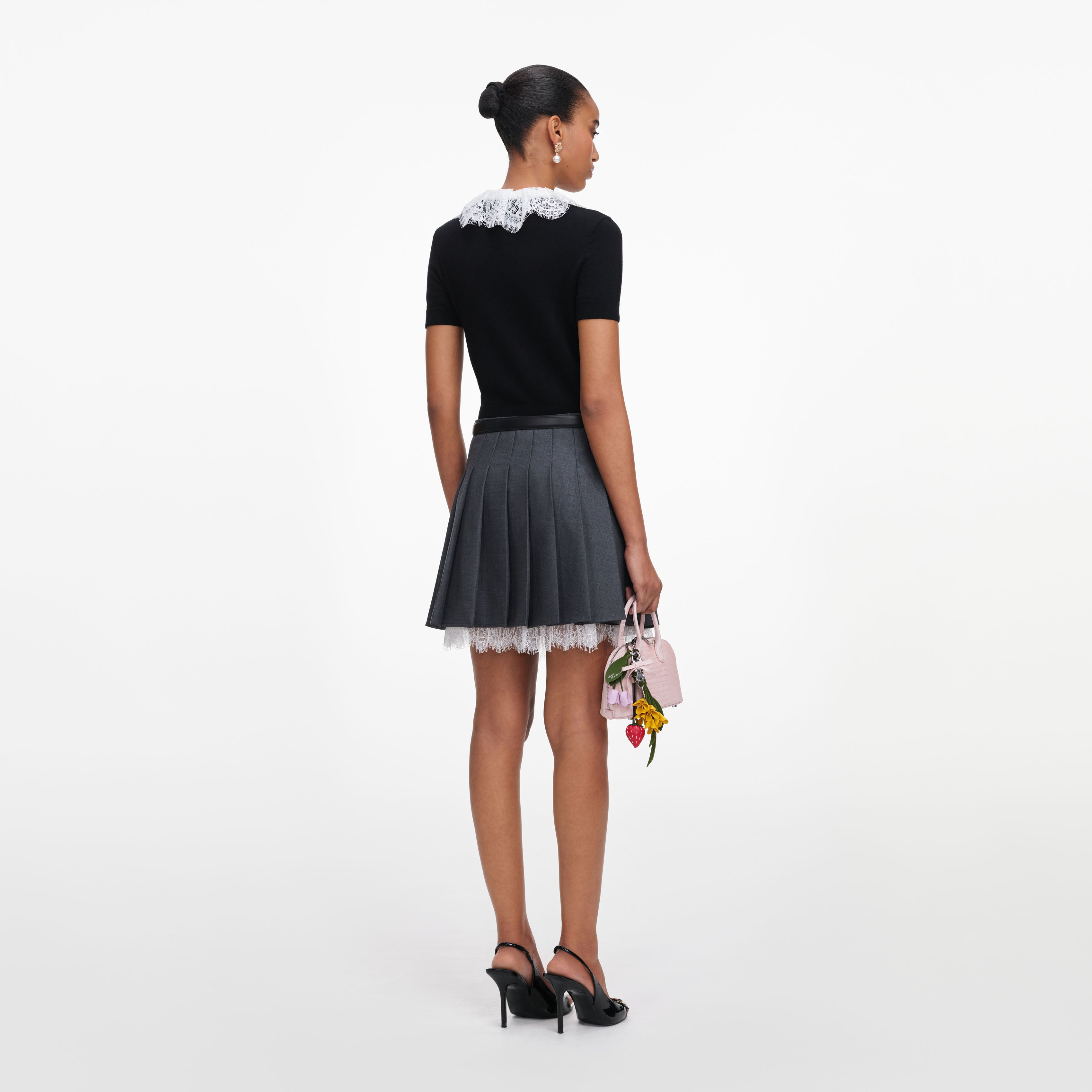 Self Portrait Black Knit Lace Collar Top Schwarz Spitze