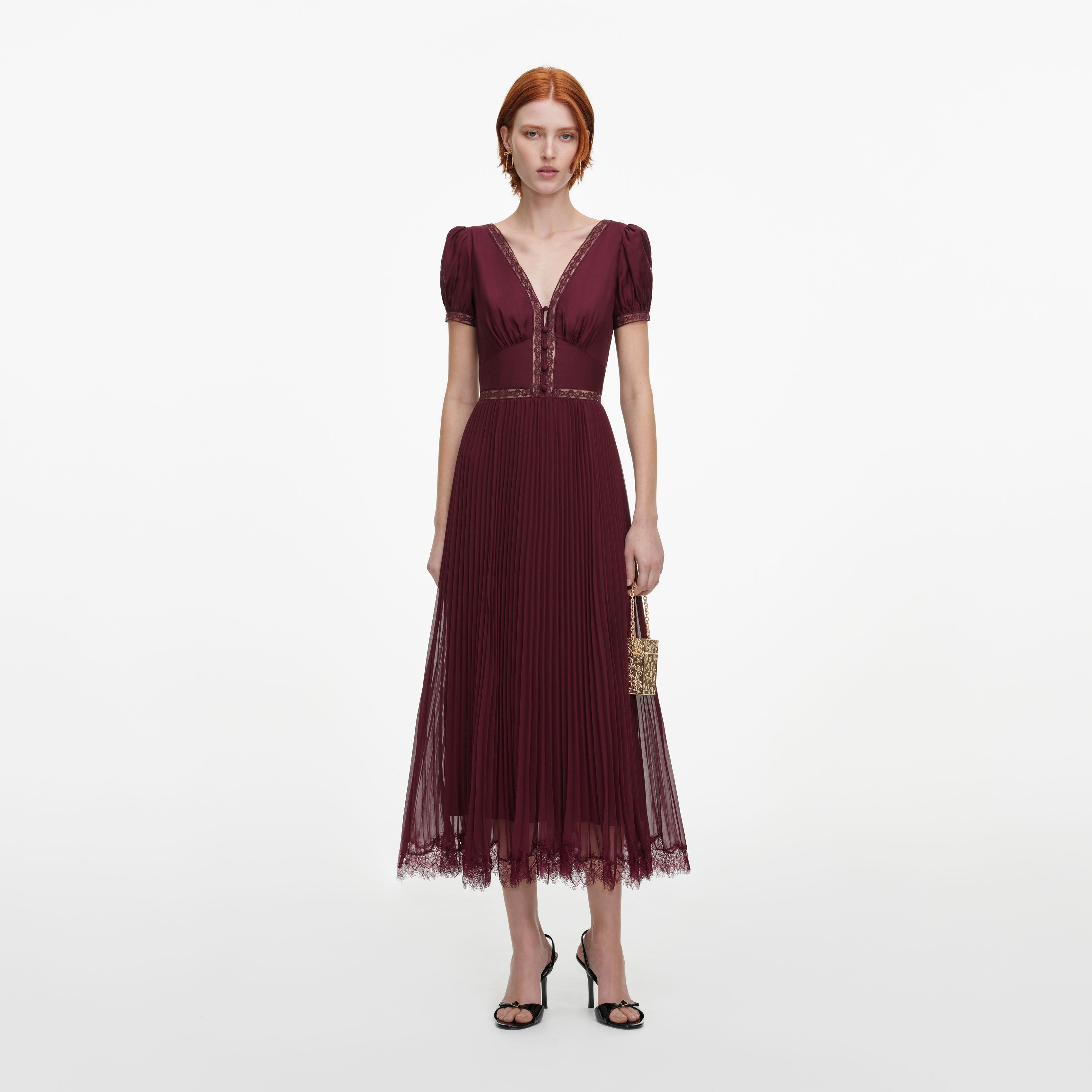 Self Portrait Viskose Midikleid Burgundy Plissee Spitze