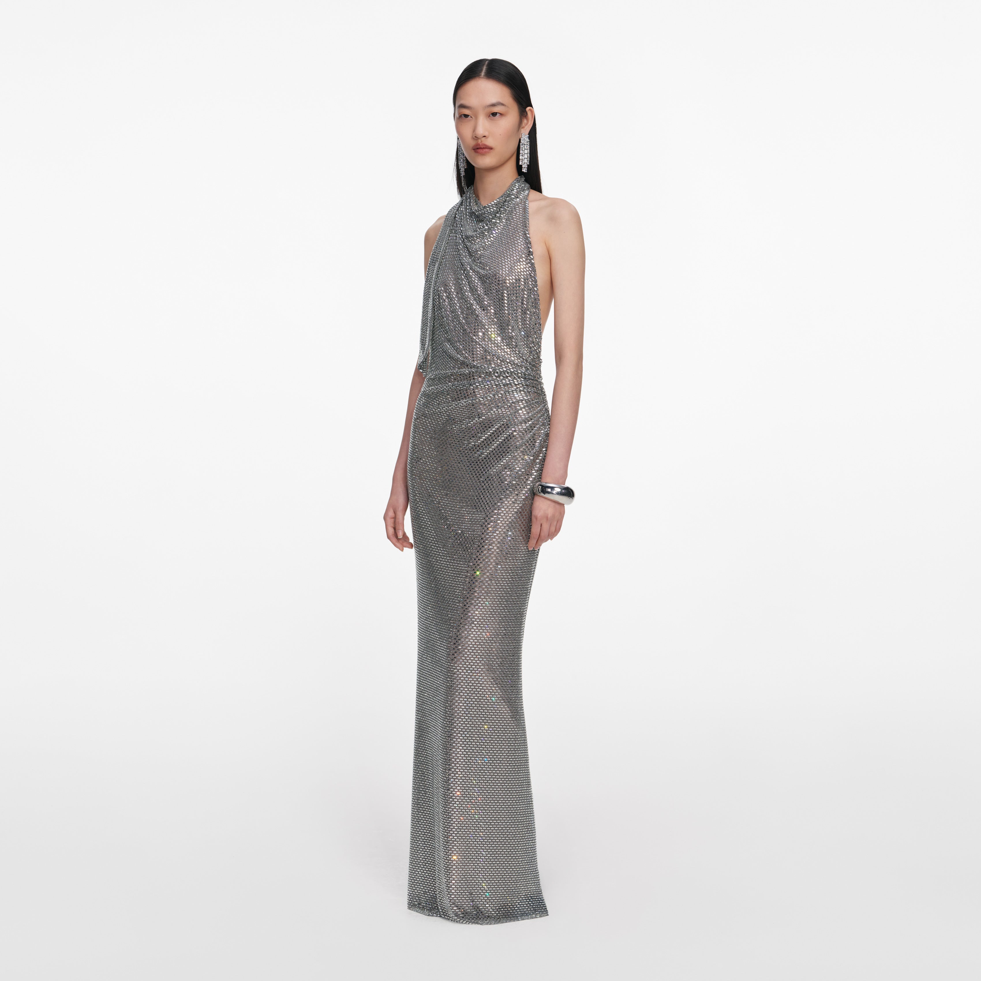 Self Portrait Grey Rhinestone Halter Maxi Kleid Grau Strass
