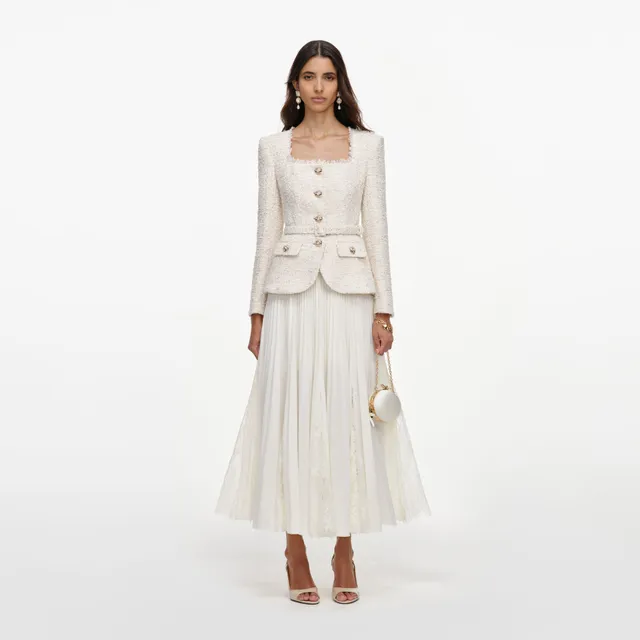 Self Portrait Cream Boucle Chiffon Midi Kleid Creme