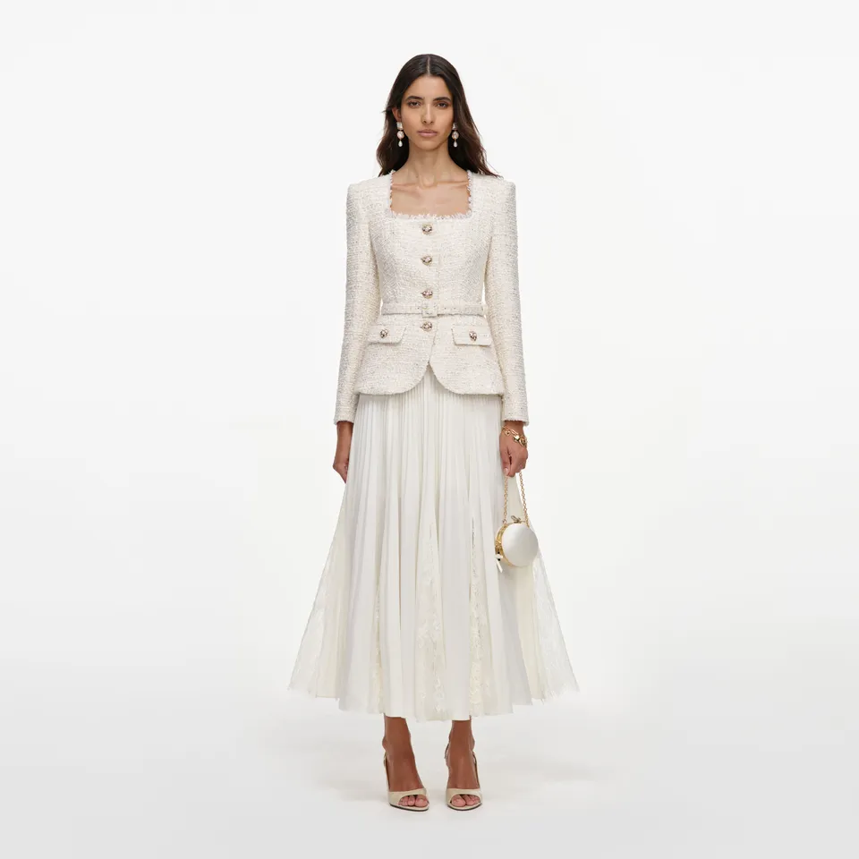 Self Portrait Cream Boucle Chiffon Midi Kleid Creme