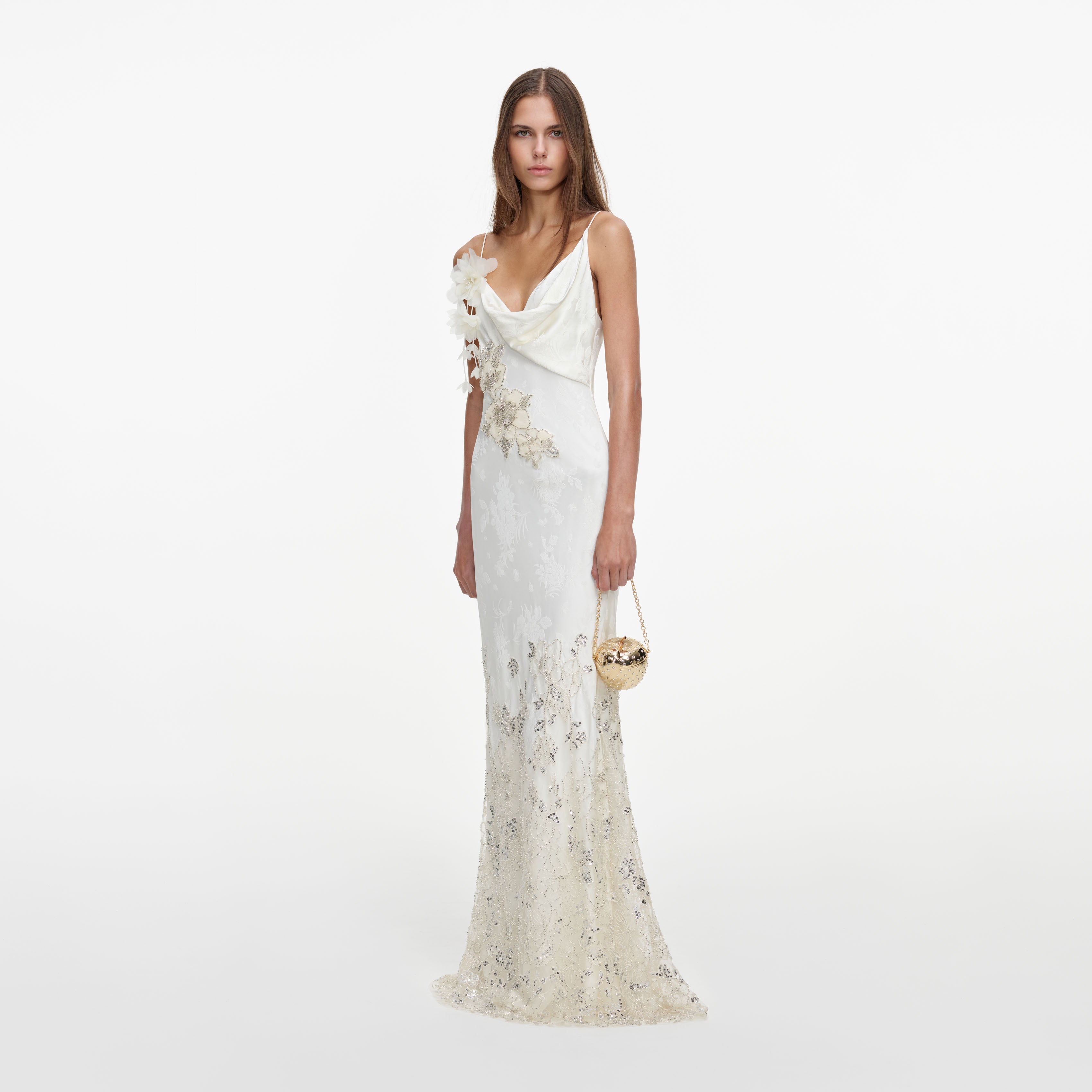 Self Portrait Cream Embellished Floral Maxi Kleid Creme