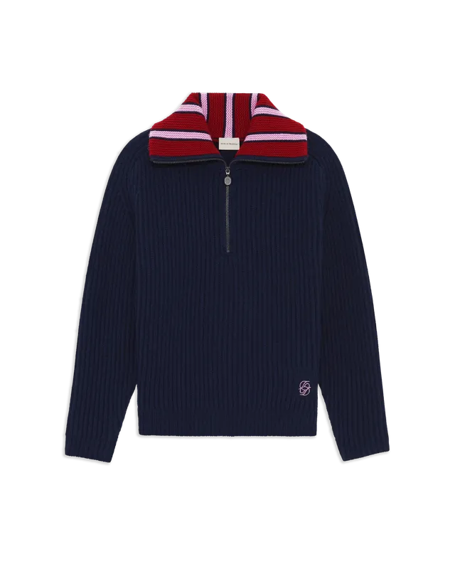 Drôle De Monsieur Trucker Sweater Half-Zip Pullover Navy Wolle
