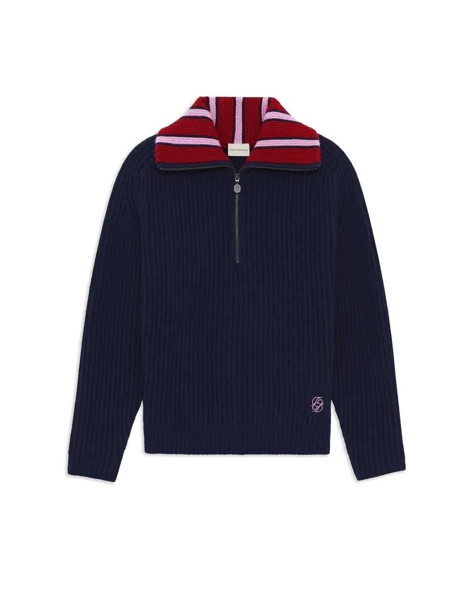 Drôle De Monsieur Trucker Sweater Half-Zip Pullover Navy Wolle