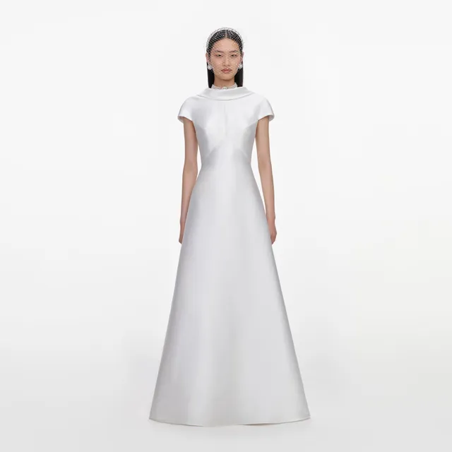 Self-Portrait White Taffeta Collared Maxi Dress Kleid Weiß UK 8