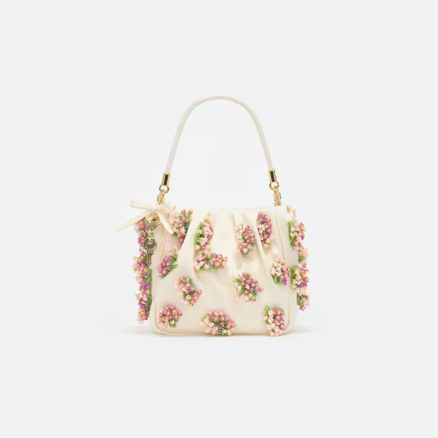 Self Portrait Floral Beaded Tote Bag Satin Creme One Size