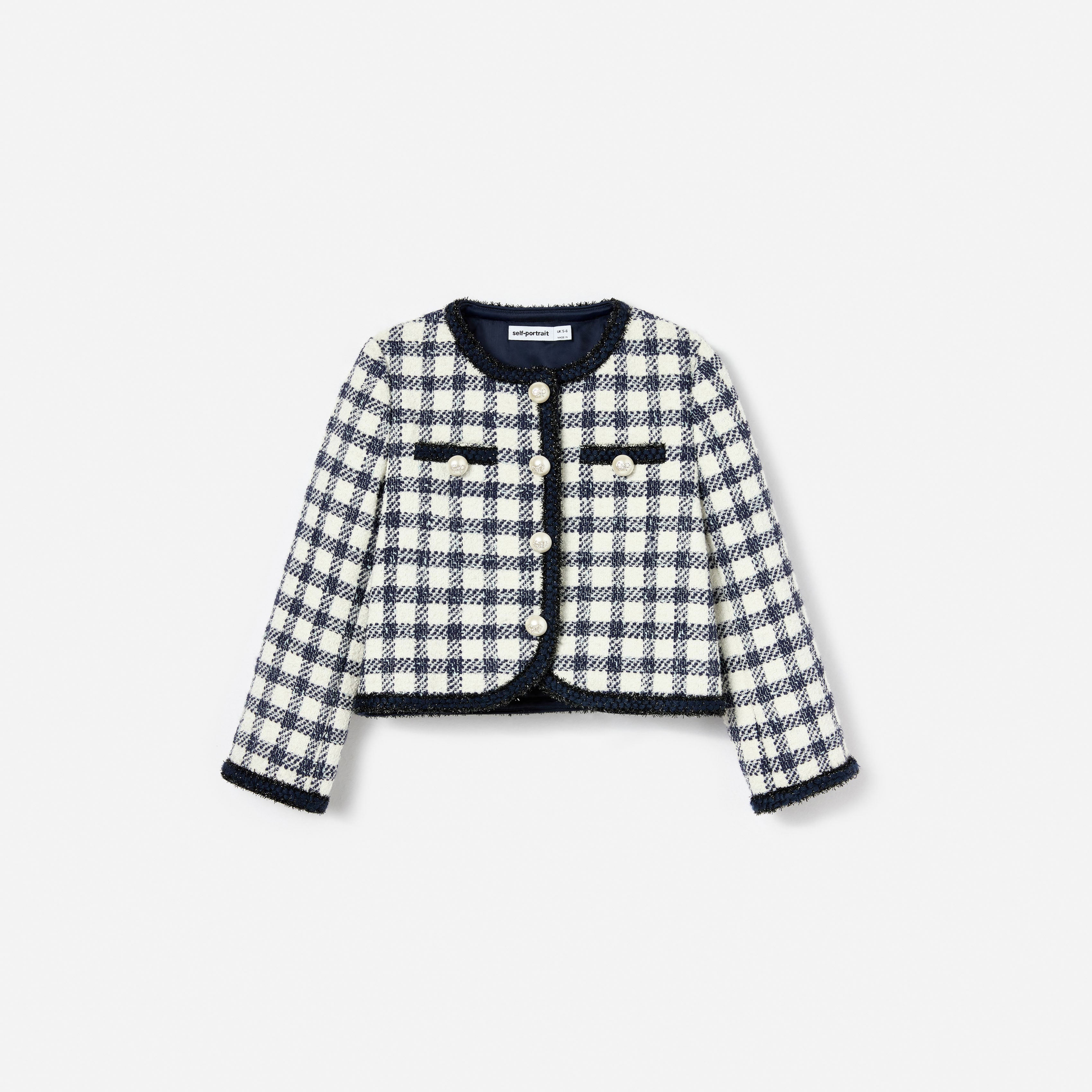 Self Portrait Navy Check Boucle Kinderjacke Blau 6/7 Jahre