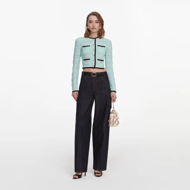Self Portrait Mint Pointelle Strickjacke Mint Goldknöpfe