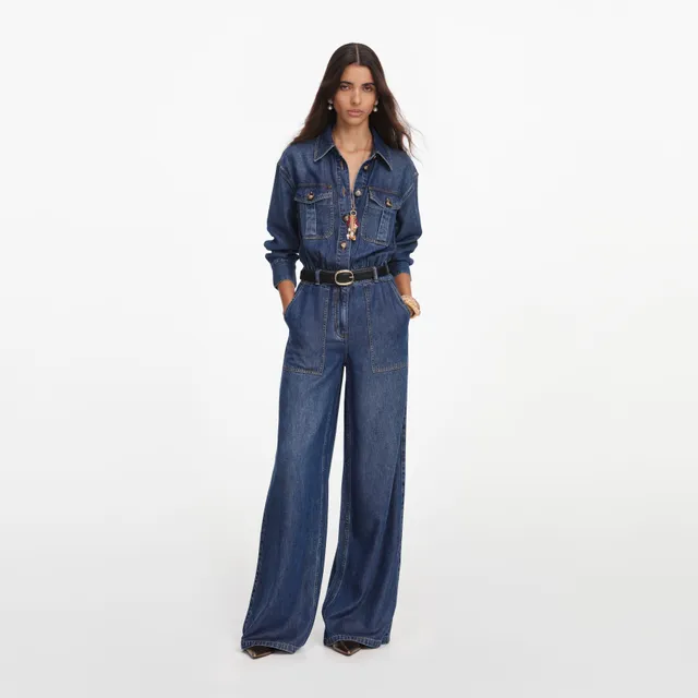 Self-Portrait Denim Relaxed Fit Jumpsuit Denim-Overall Blau