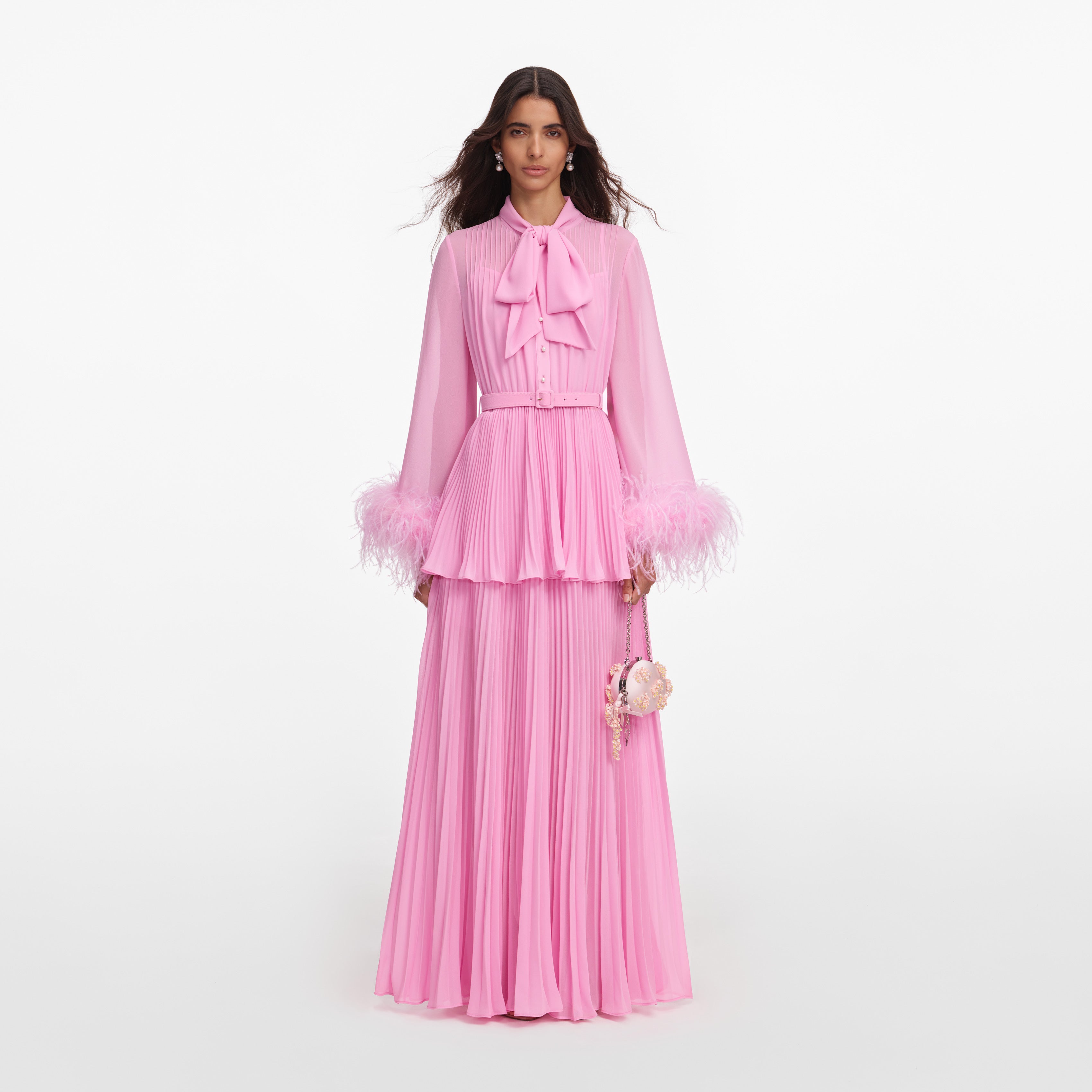Self Portrait Pink Georgette Feather Maxikleid Pink Feder