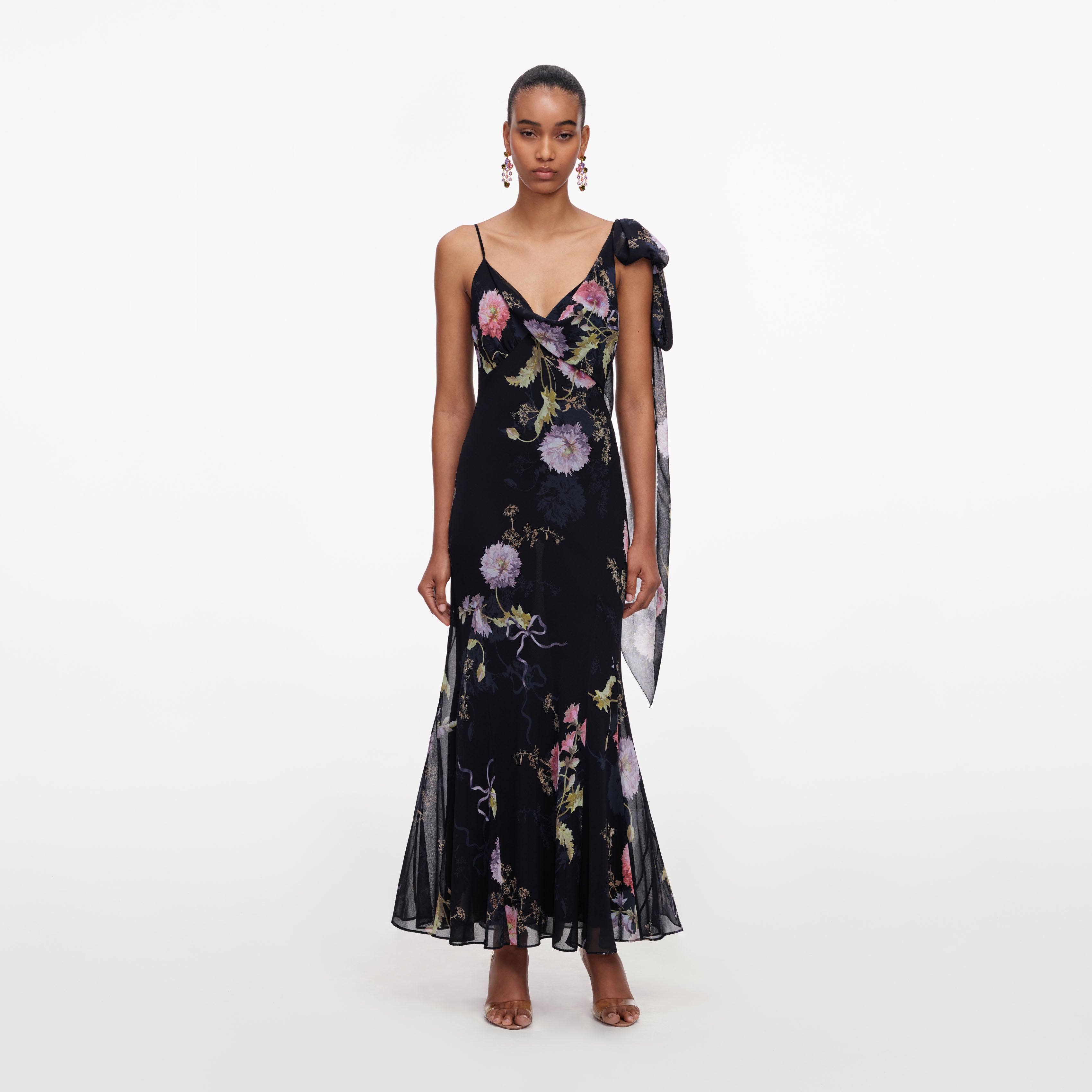 Self Portrait Black Floral Georgette Maxi Kleid Schwarz
