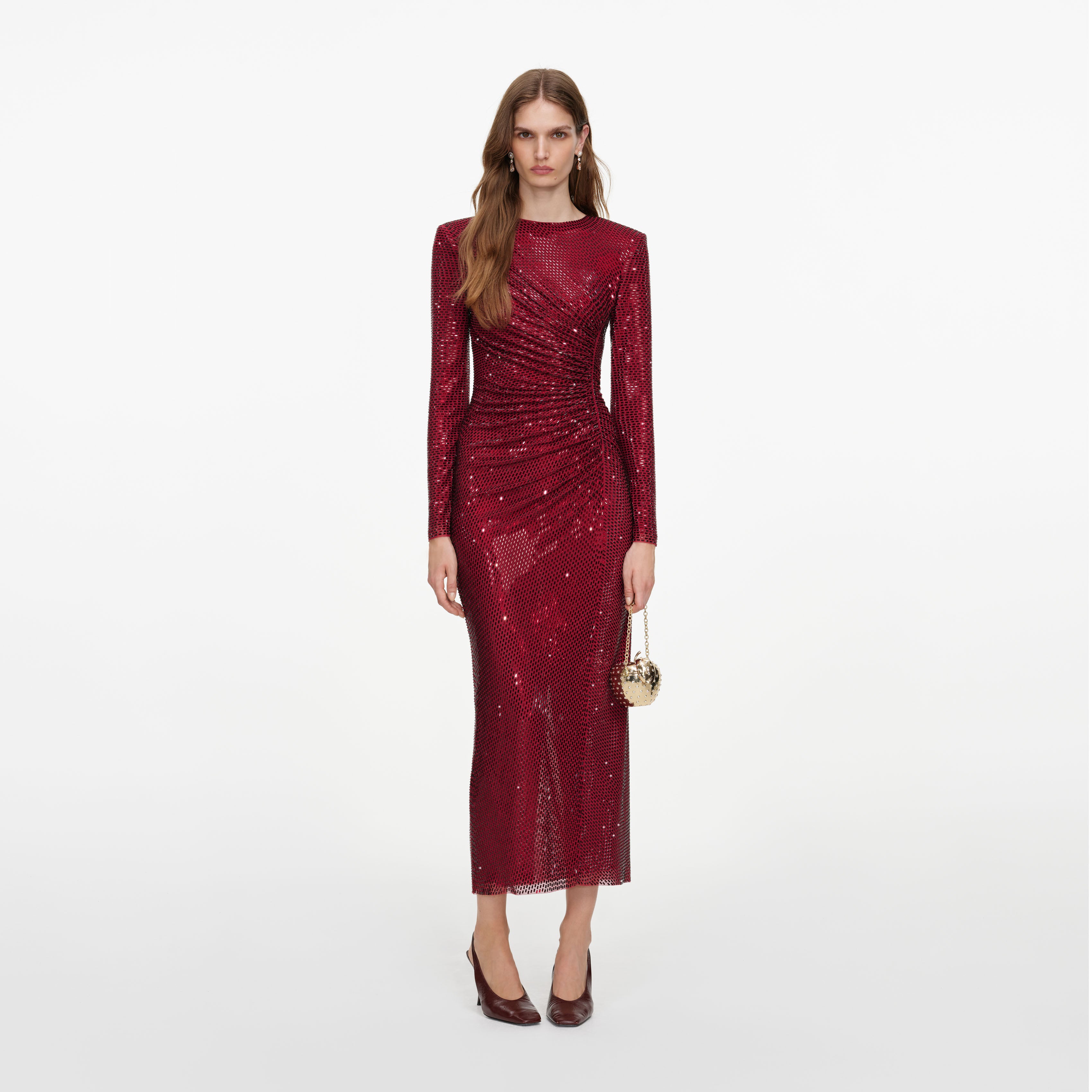 Self Portrait Burgundy Rhinestone Gathered Midi Kleid Bordeaux
