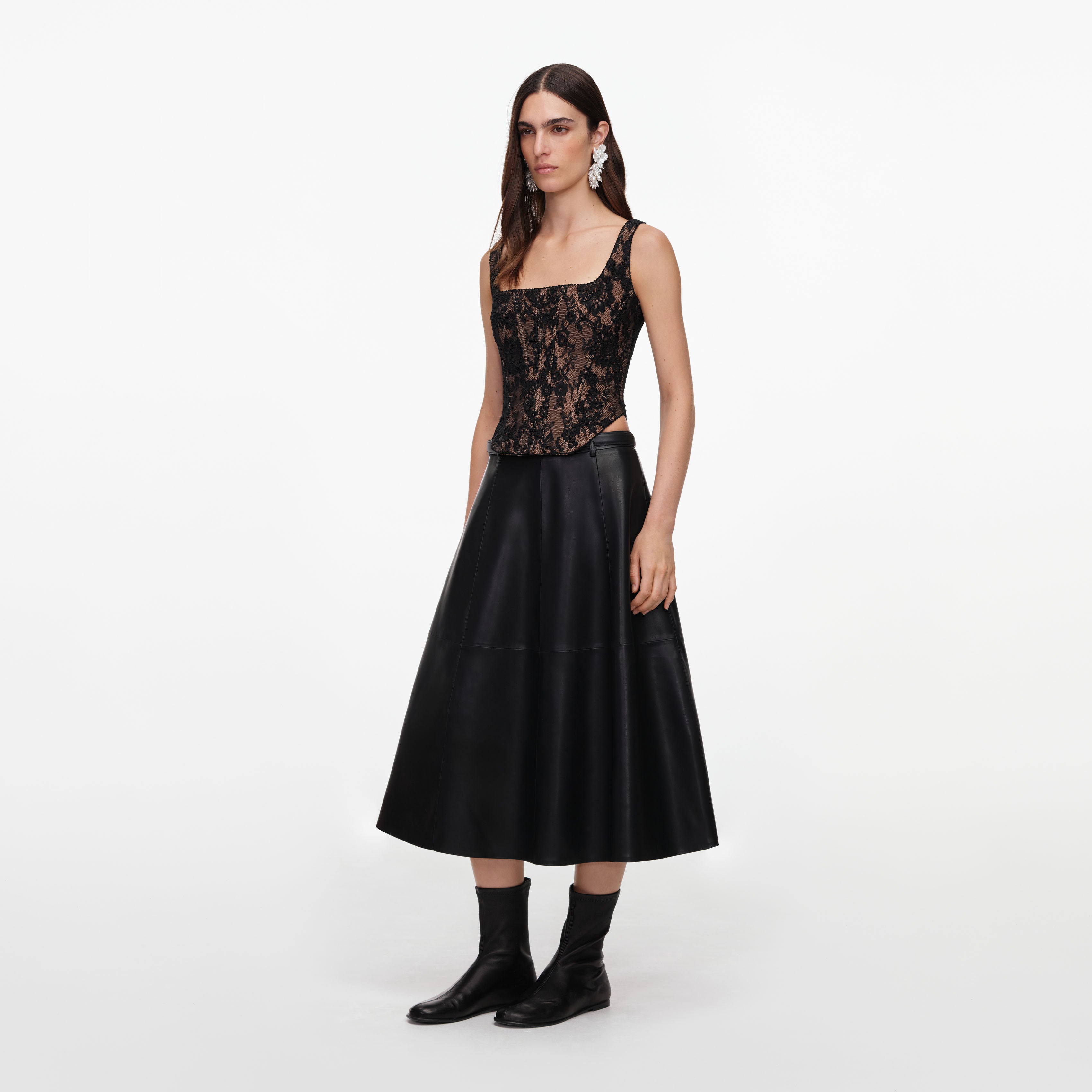 Self Portrait Black Faux Leather Midi Rock Schwarz