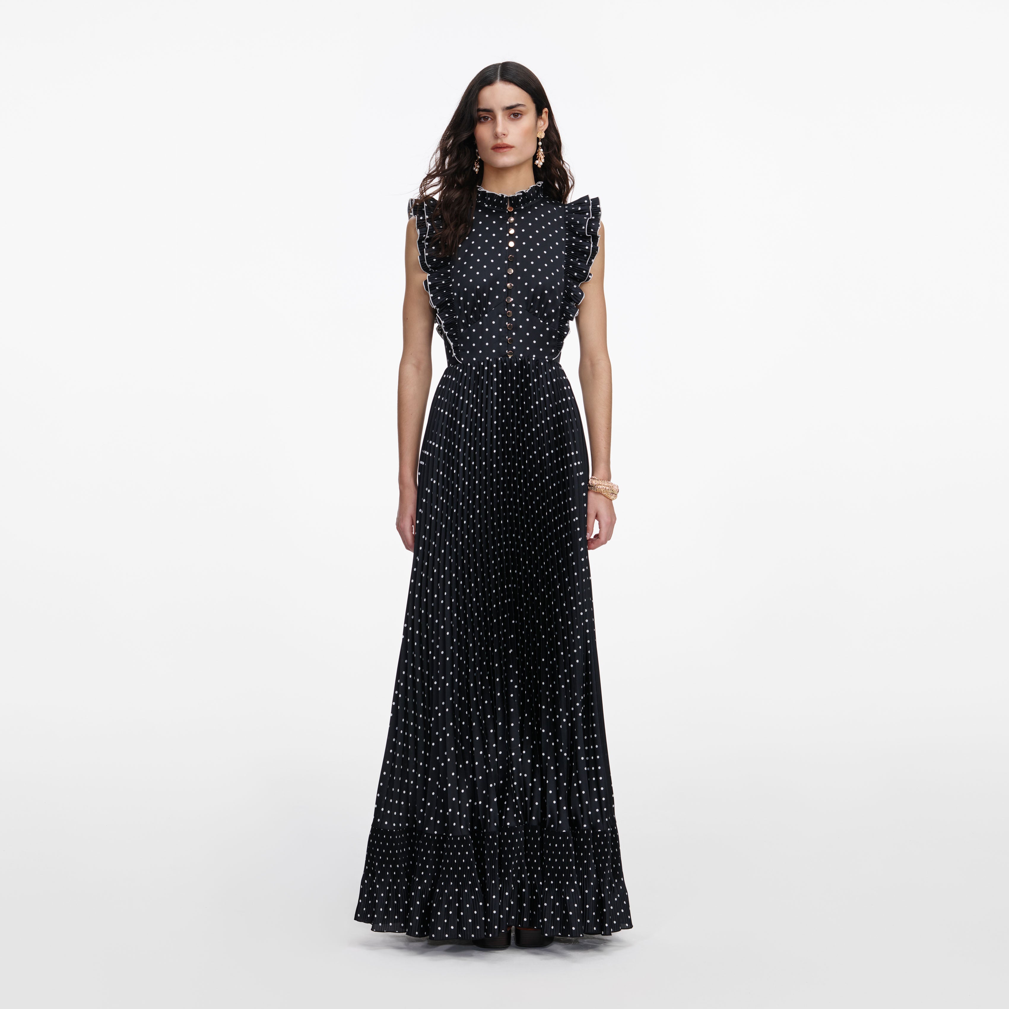 Self Portrait Black Polka Dot Frill Maxi Kleid Schwarz UK 6
