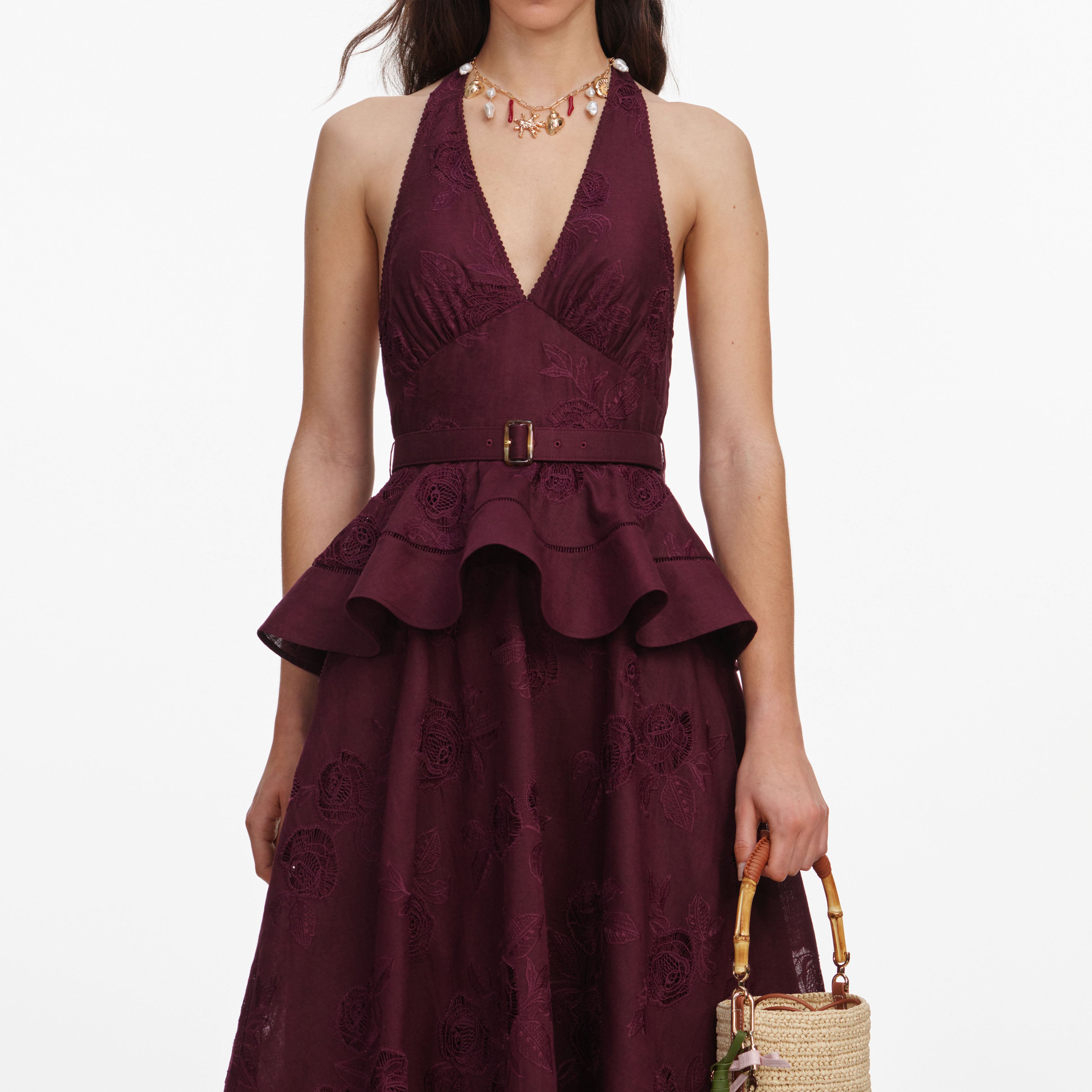 Self Portrait Plum Linen Peplum Midi Leinenkleid Beere