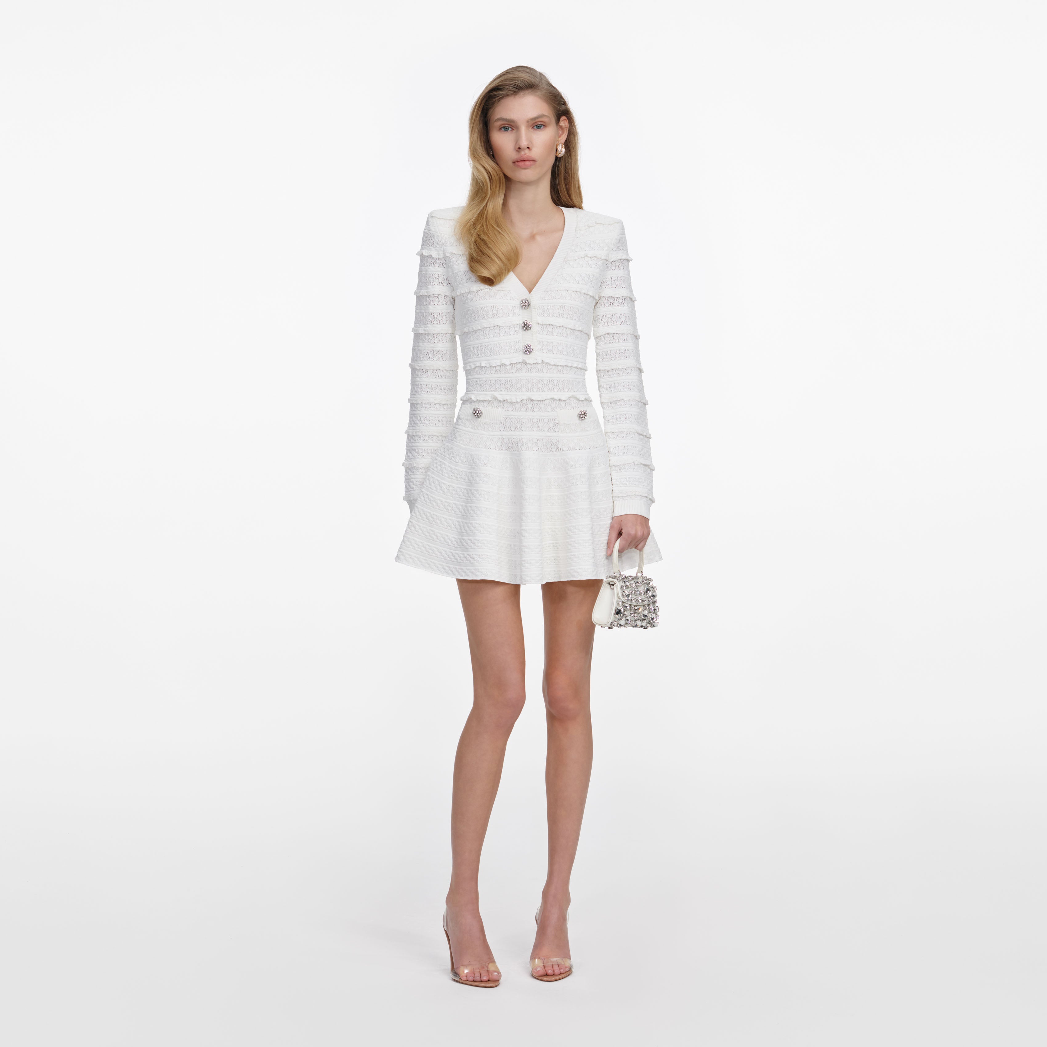 Self Portrait White Pointelle Strick Minikleid Gr. S