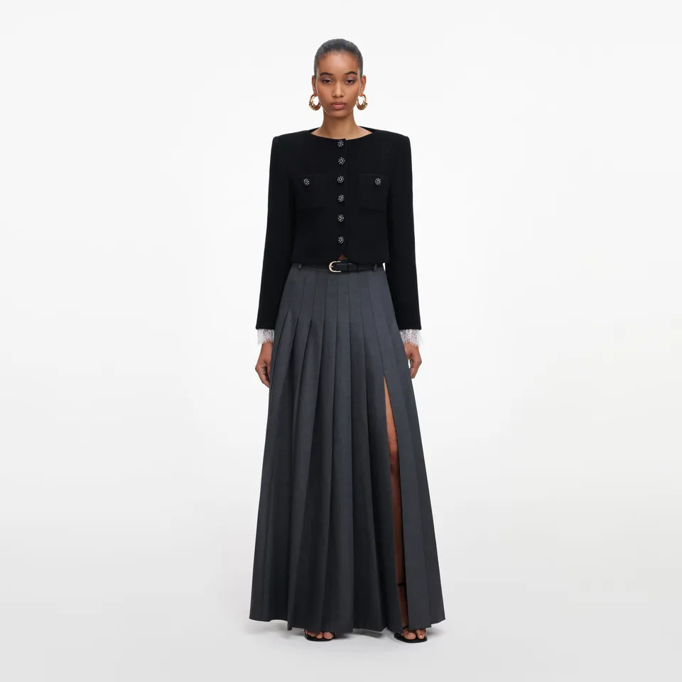 Self Portrait Grey Pleated Maxi Rock Grau Wolle
