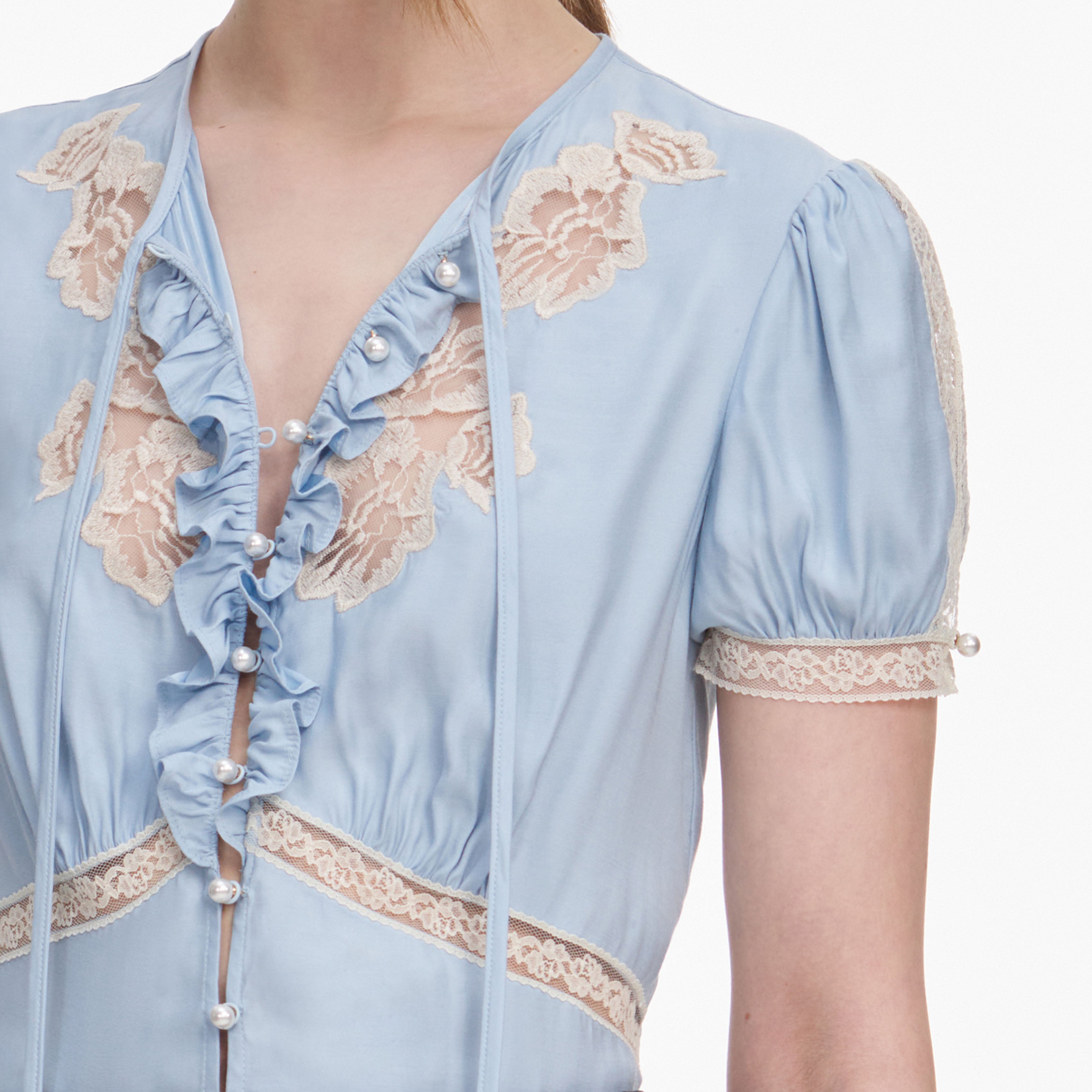 Self Portrait Blue Viscose Lace Top Oberteil Blau Spitze UK 6