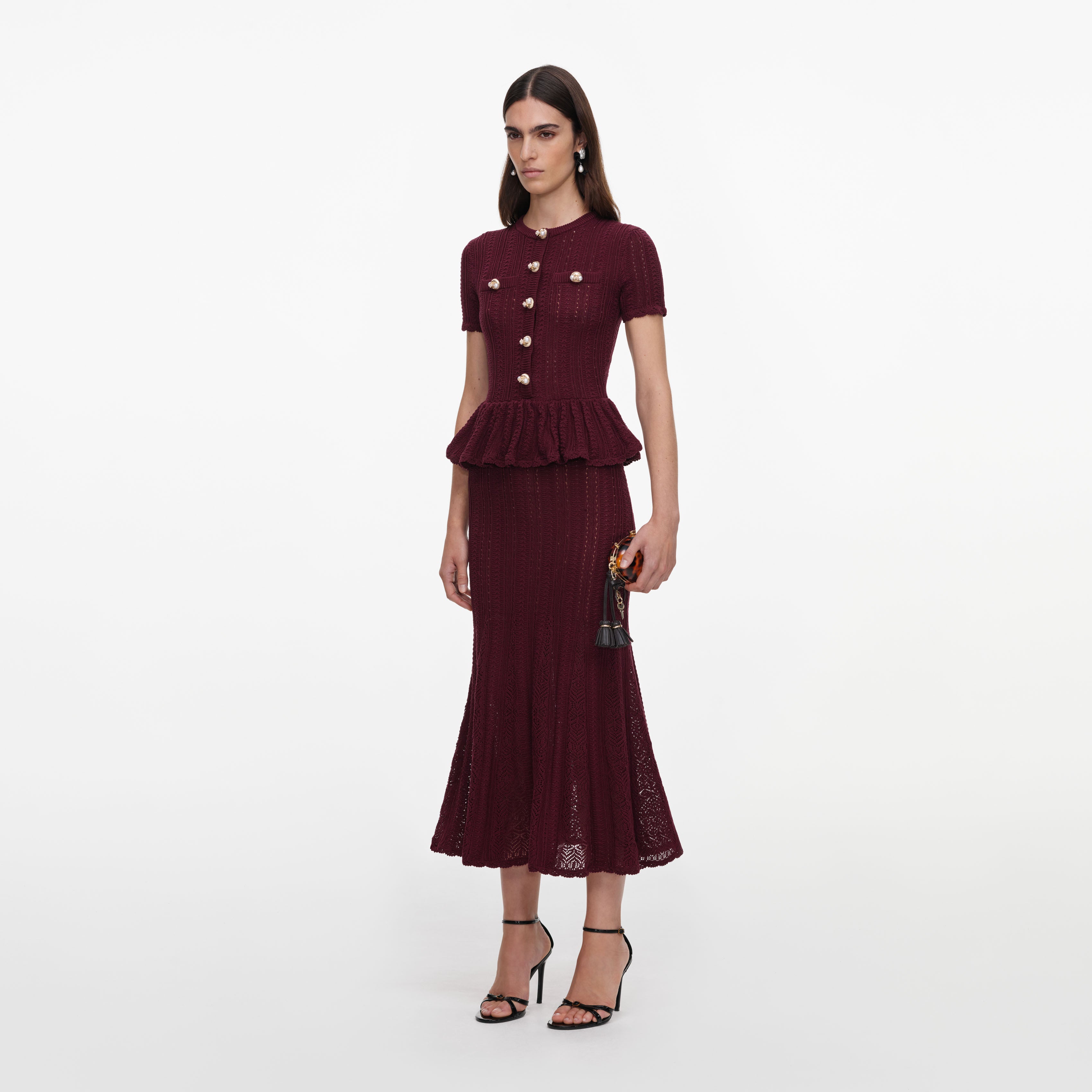 Self Portrait Burgundy Pointelle Midikleid Bordeaux Strick