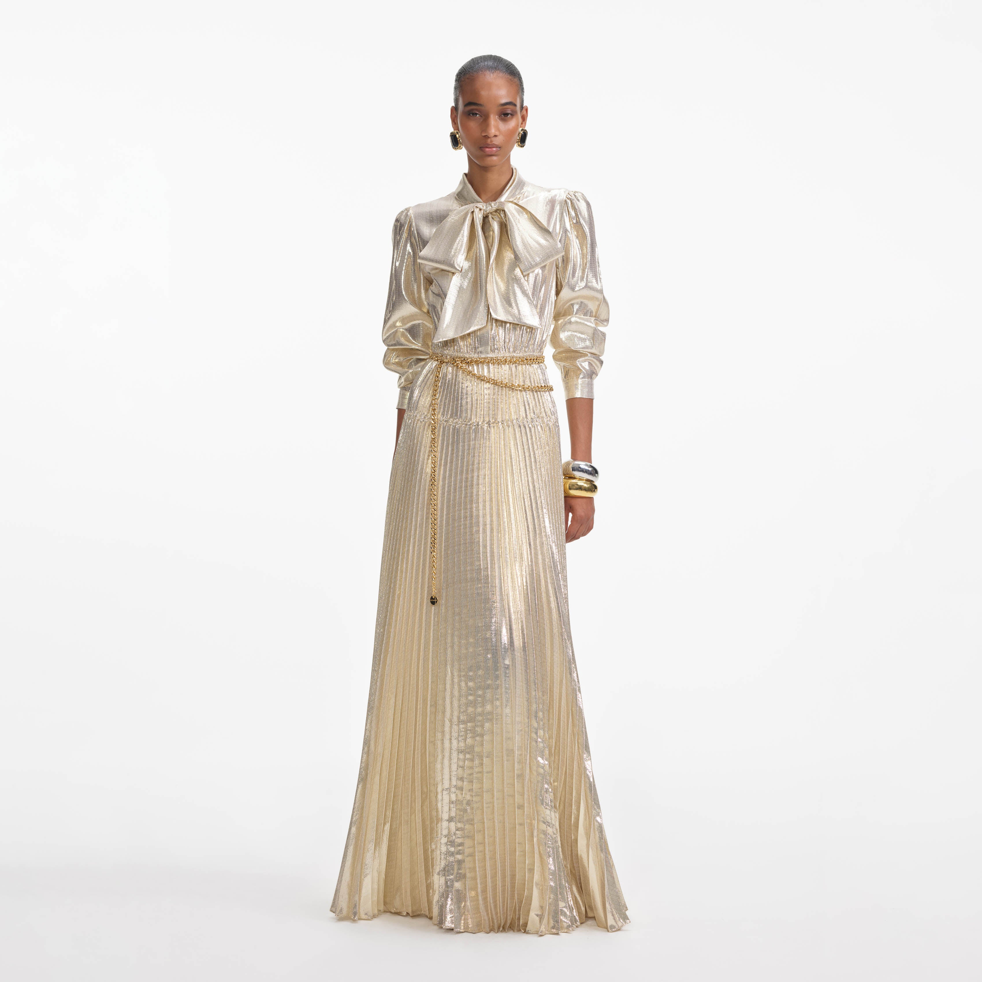 Self Portrait Gold Metallic Tie Neck Maxikleid Gold mit Gürtel