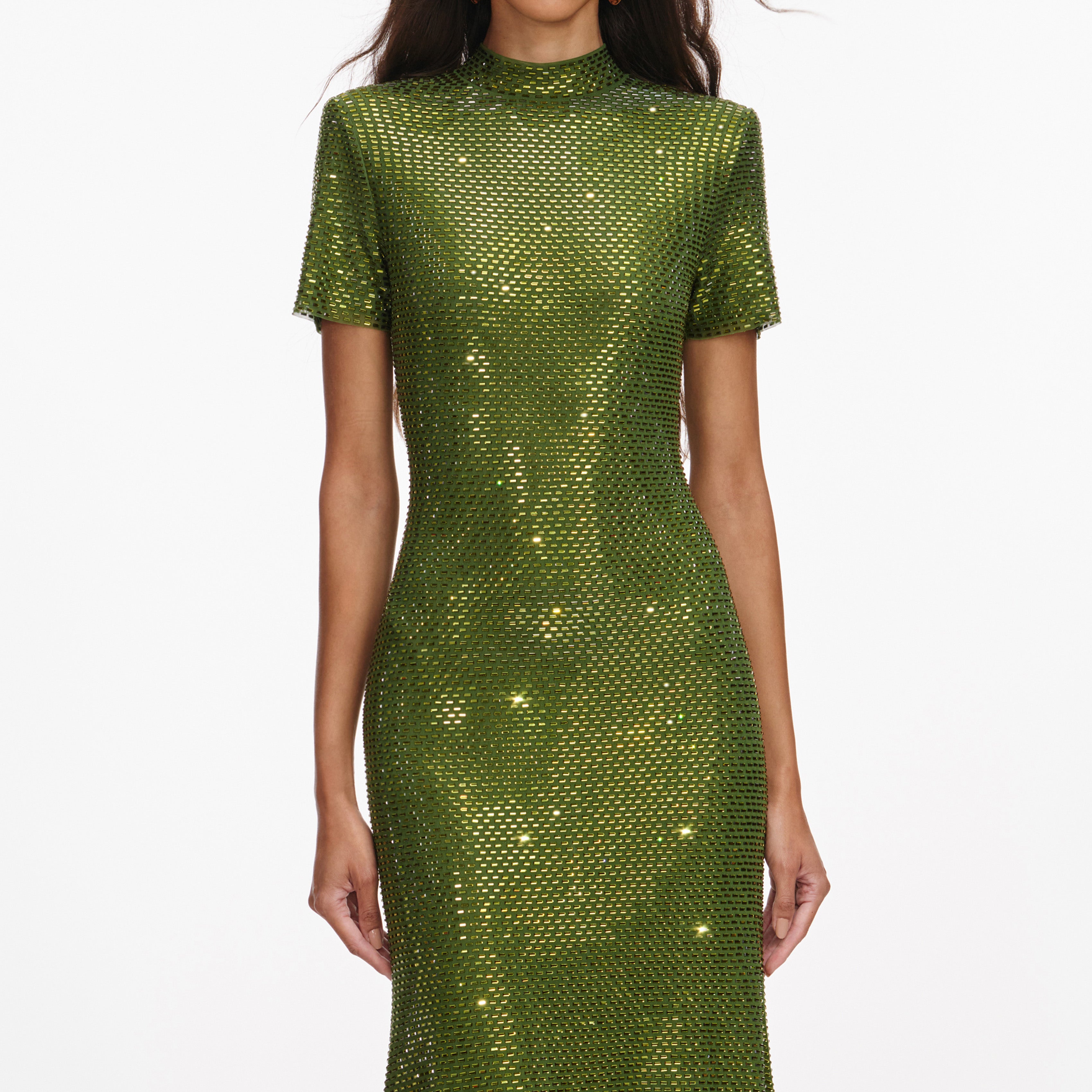 Self Portrait Olive Rhinestone Mesh Midikleid Grün Strass UK 4-16