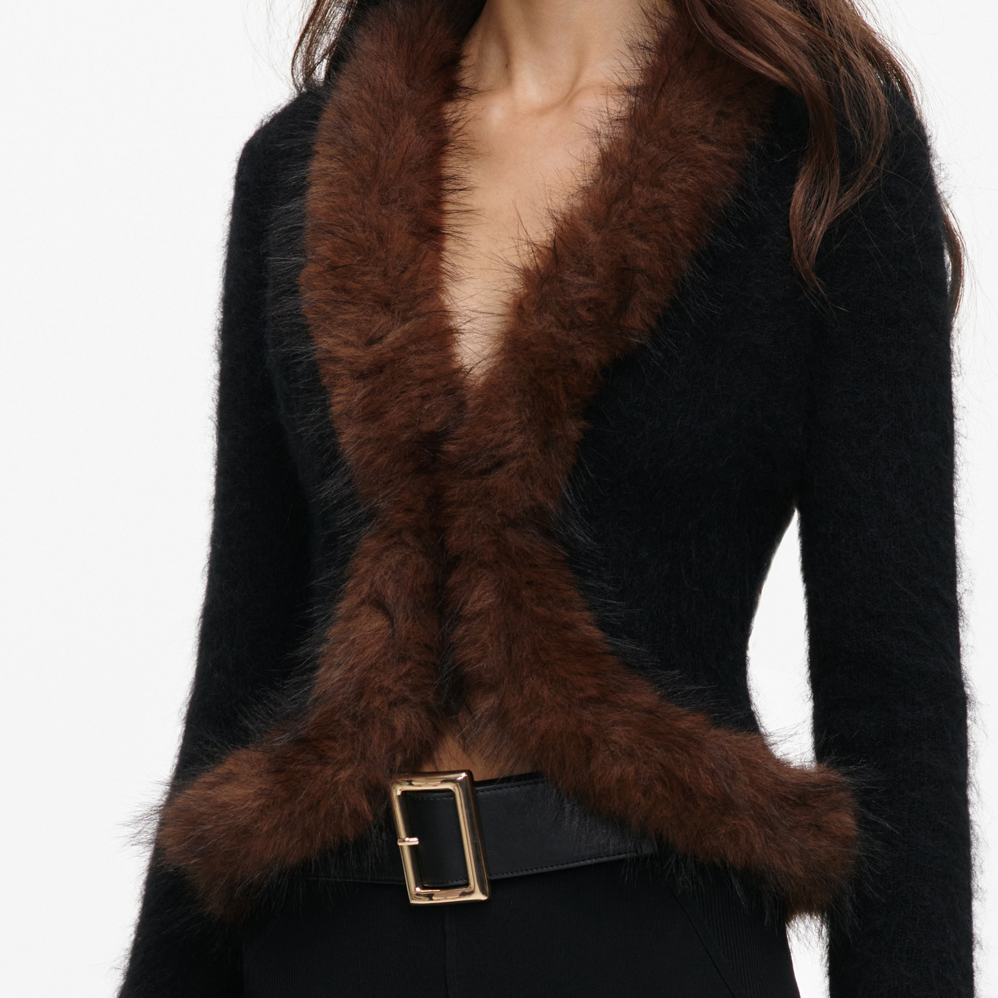 Self Portrait Faux Fur Strickcardigan Schwarz V-Ausschnitt